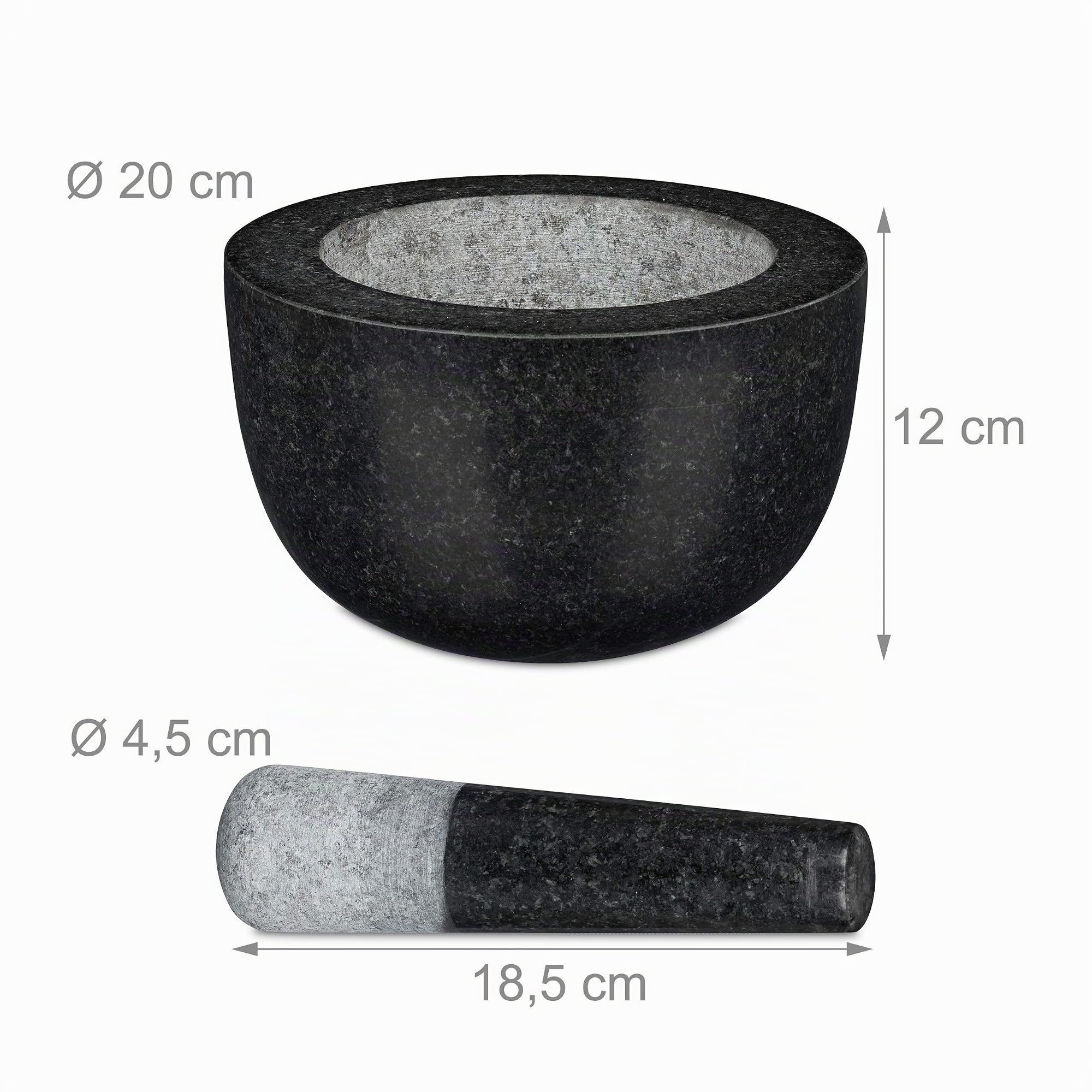 Relaxdays Mortier et pilon, en granit, poli, longue vie, épices et herbes,750 ml de volume, broyeur pierre D 20cm, gris