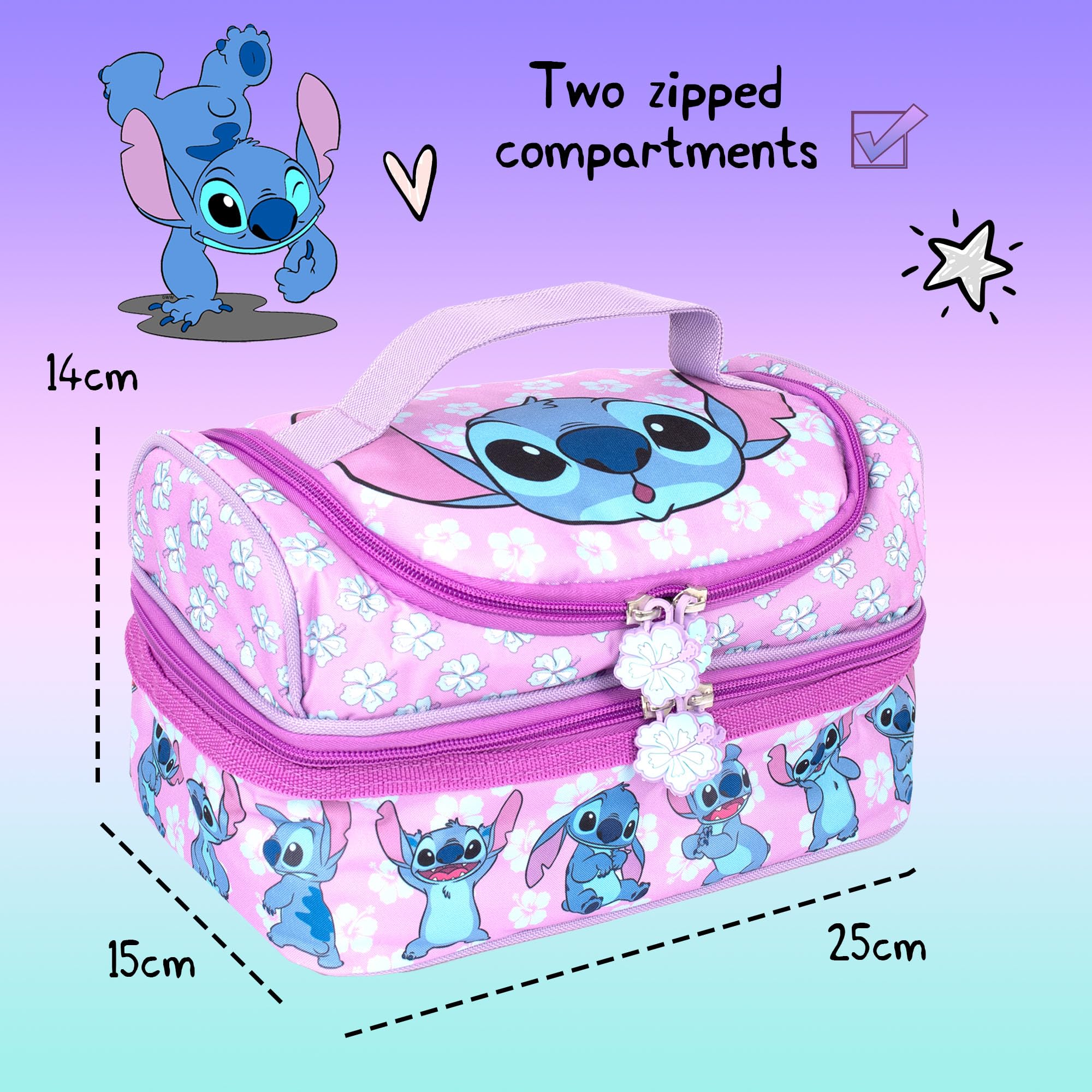 Borsa per il pranzo Disney Stitch a più scomparti per bambini, termica e isolata, doppia contenitore, per la scuola, per ragazze