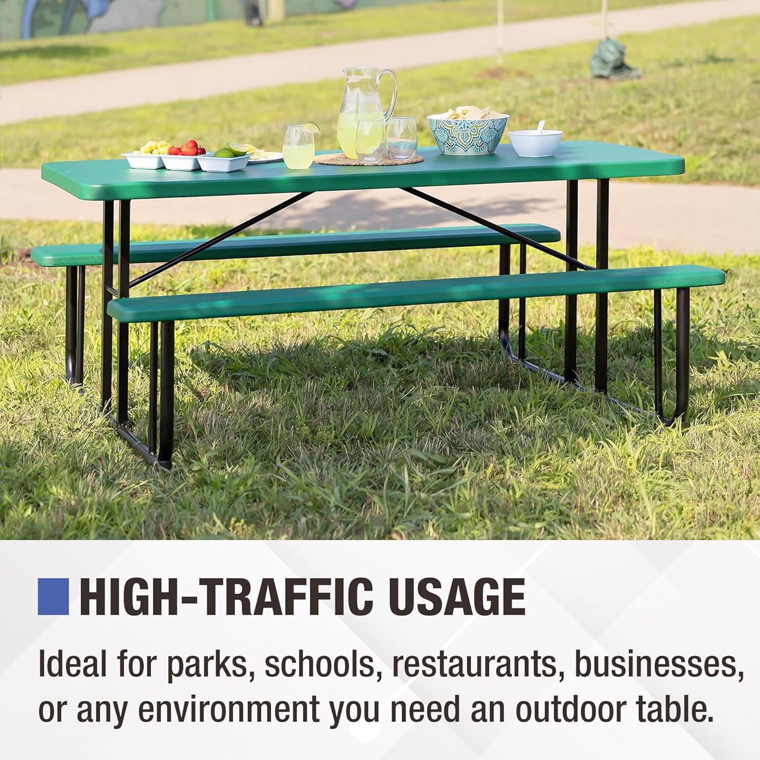Norwood Commercial Furniture Rectangular Picnic Table with Benches, Blow-Molded Plastic Portable Outdoor Picnic Table, Green