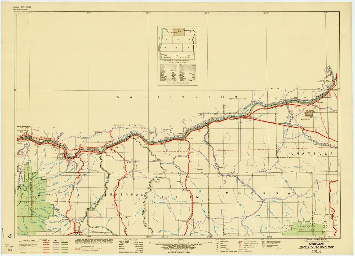 Amazon|歴史地図 オレゴン州 1944年4月 オレゴン州交通地図 道路、鉄道、キャノン、エアーレーン、ドリッジチャンネル。 61in