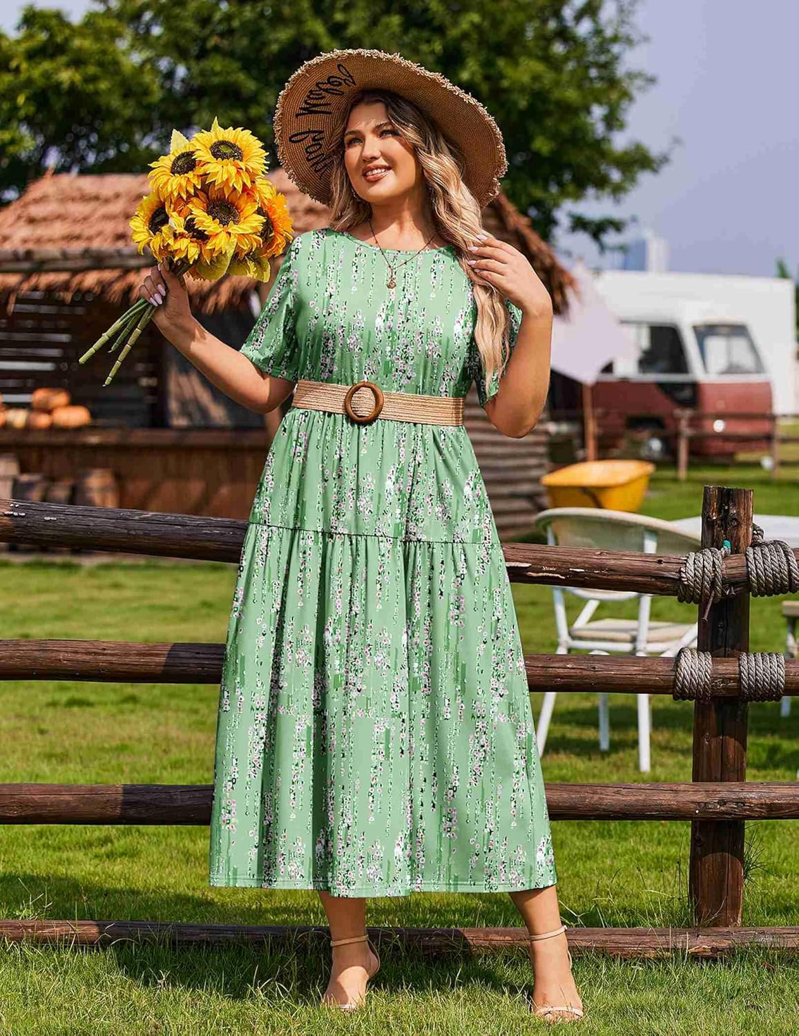 IN'VOLAND Plus Size Casual Dress for Women Bohemian Short Sleeve Flowy Loose Maxi Summer Beach Swing Dresses with Pockets - Image 4