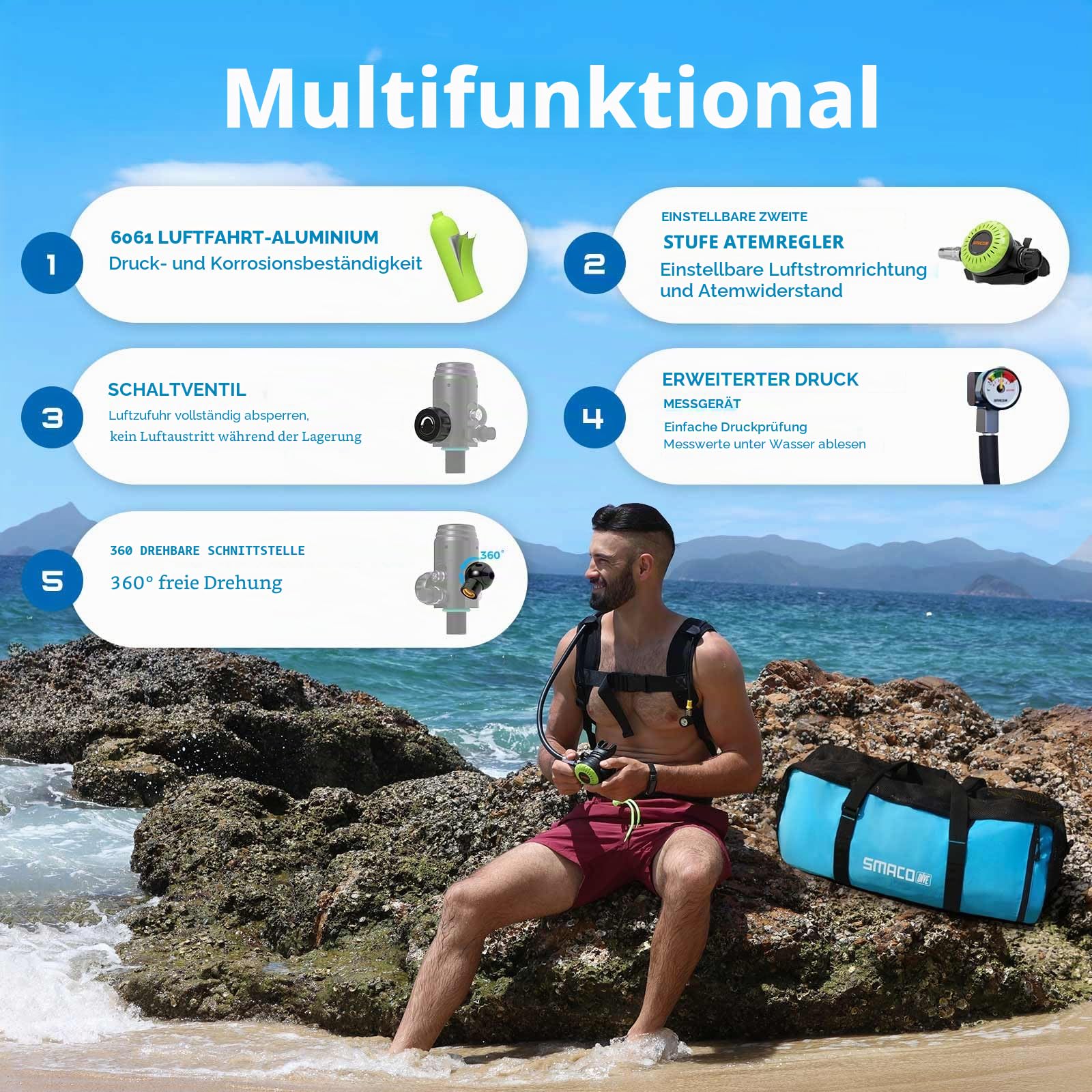 SMACO Mini Tauchflasche 2L Sauerstoffflasche Tauchen Mini Taucherflasche für Unterwasseratmung Tragbare Tauchen Sauerstofftank Lung Air Tank für Notfallrettung Bootsreinigung Tauchausrüstung S700 PLUS