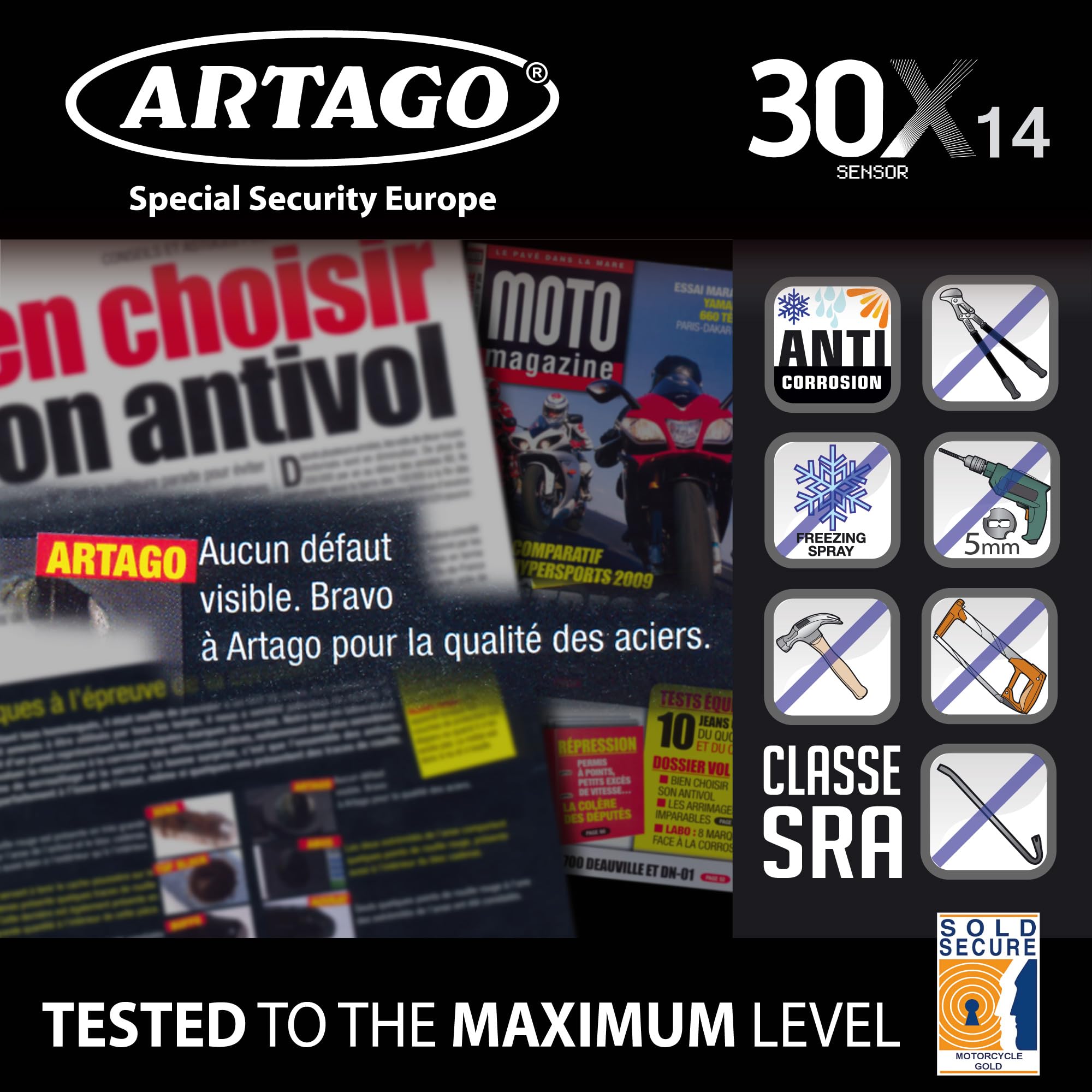 Artago 30X2 Pack Antivol Bloque-Disque avec Alarme 120db Haute Sécurité + Support pour Yamaha MT-07 et Tracer 700, Homologué SRA et Sold Secure Gold, Noir/Jaune