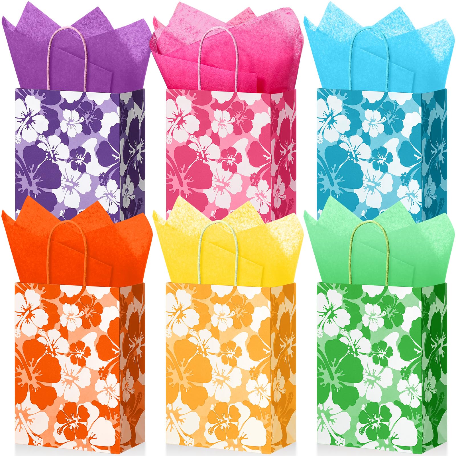 Teling 36 Set Hibiscus Party Favor Hawaiian Themed Paper Bag with Tissues Summer Tropical Gift Tiki Luau Treat Hawaii Goodie Bags with Handles Birthday Party Supplies Multicolor 8.3 x 6 x 3