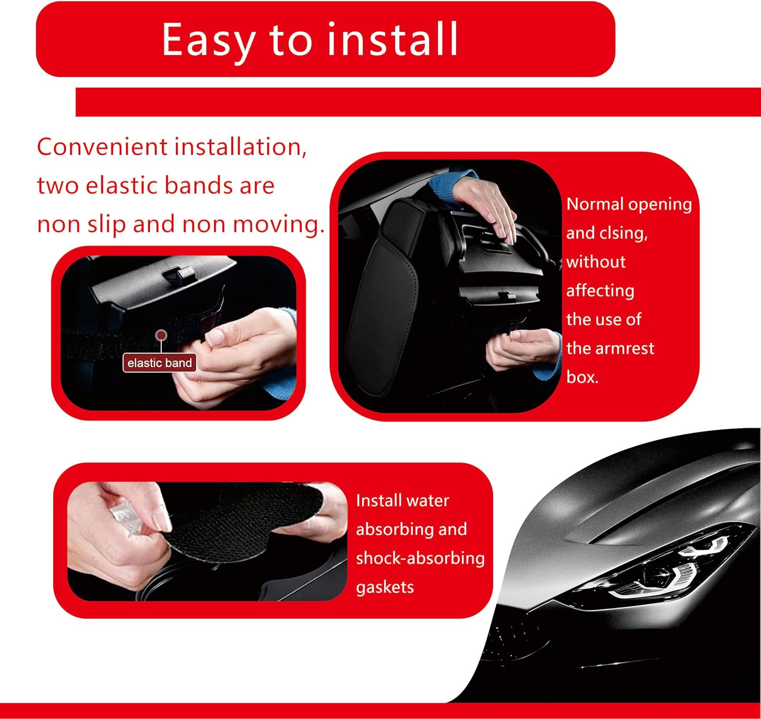 Car Center Console Cover, 5-in-1 Thickened Armrest Protector Pad, Leather Center Armrest Protector with Storage Compartment, Universal for Most Cars (Black & Red)