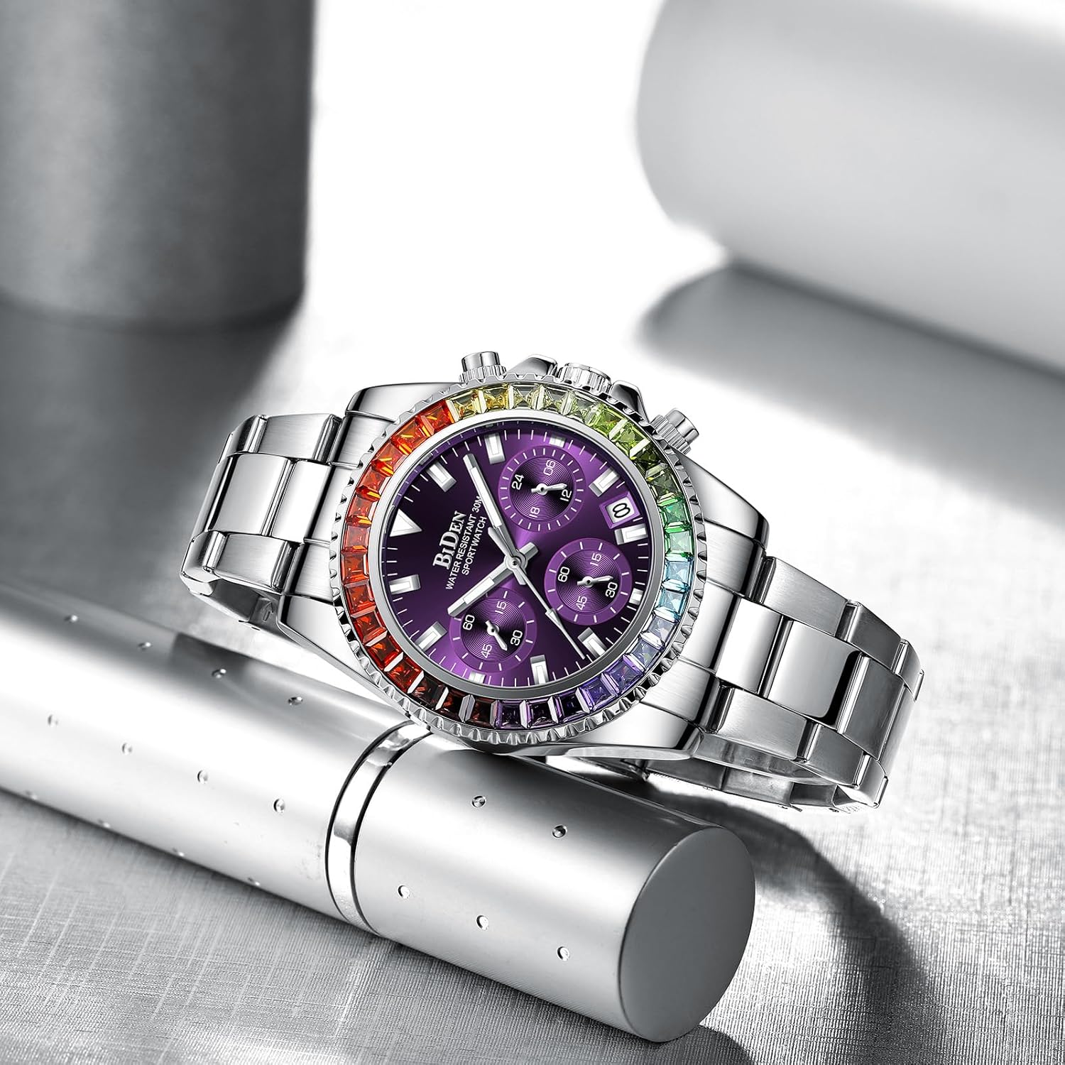 Women Colorful Diamond Watches Chronograph Rotatable Bezel Mineral Glass Luminous Watch Stainless Steel Waterproof Date Analog Quartz Watch Fashion Business Dress Wristwatch Silver purple image 3 of 7 B0C8MXB6PV