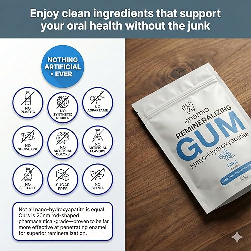 Miniatura 6 de Enamio Goma de mascar remineralizante de menta con nanohidroxiapatita para soporte de esmalte y dientes sensibles, goma de xilitol, sin plástico,