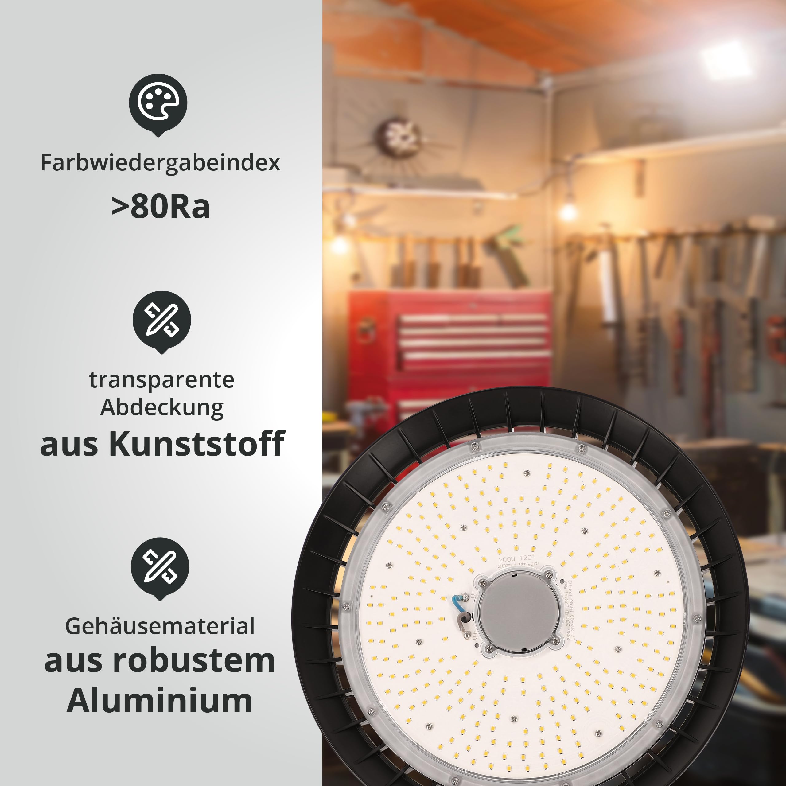 LED High Bay Hallenstrahler 200W mit PREMIUM-Marken-Treiber dimmbar (1-10V) warmweiß 3000K 28.000lm 140lm/W 120° IP65 Industrielampe Werkstattbeleuchtung Ø324xH136mm 5 Jahre Garantie