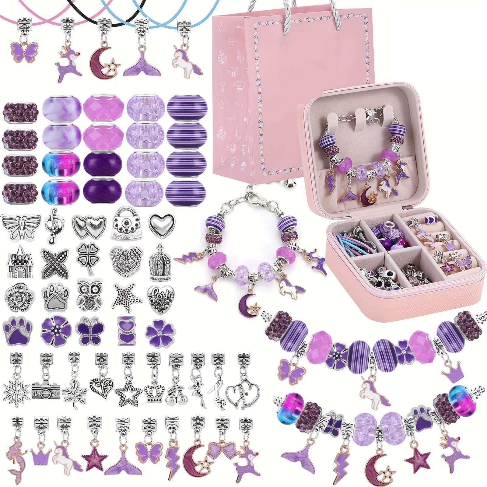 QuxetlRyz Craft Beading Kit 68Pcs Beads Charms Bracelet Making Kit, DIY Beaded Necklace Box(68pcs Purple)