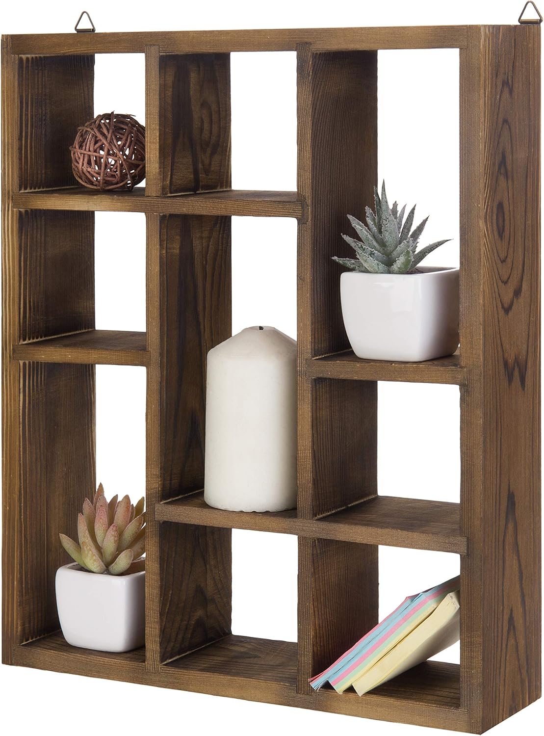 MyGift 9 Compartment Vintage Solid Wood Shadow Box, Wall Mountable Curio Display Case, Freestanding or Floating Shelf for Collectible Figurines, Succulents (Torched)