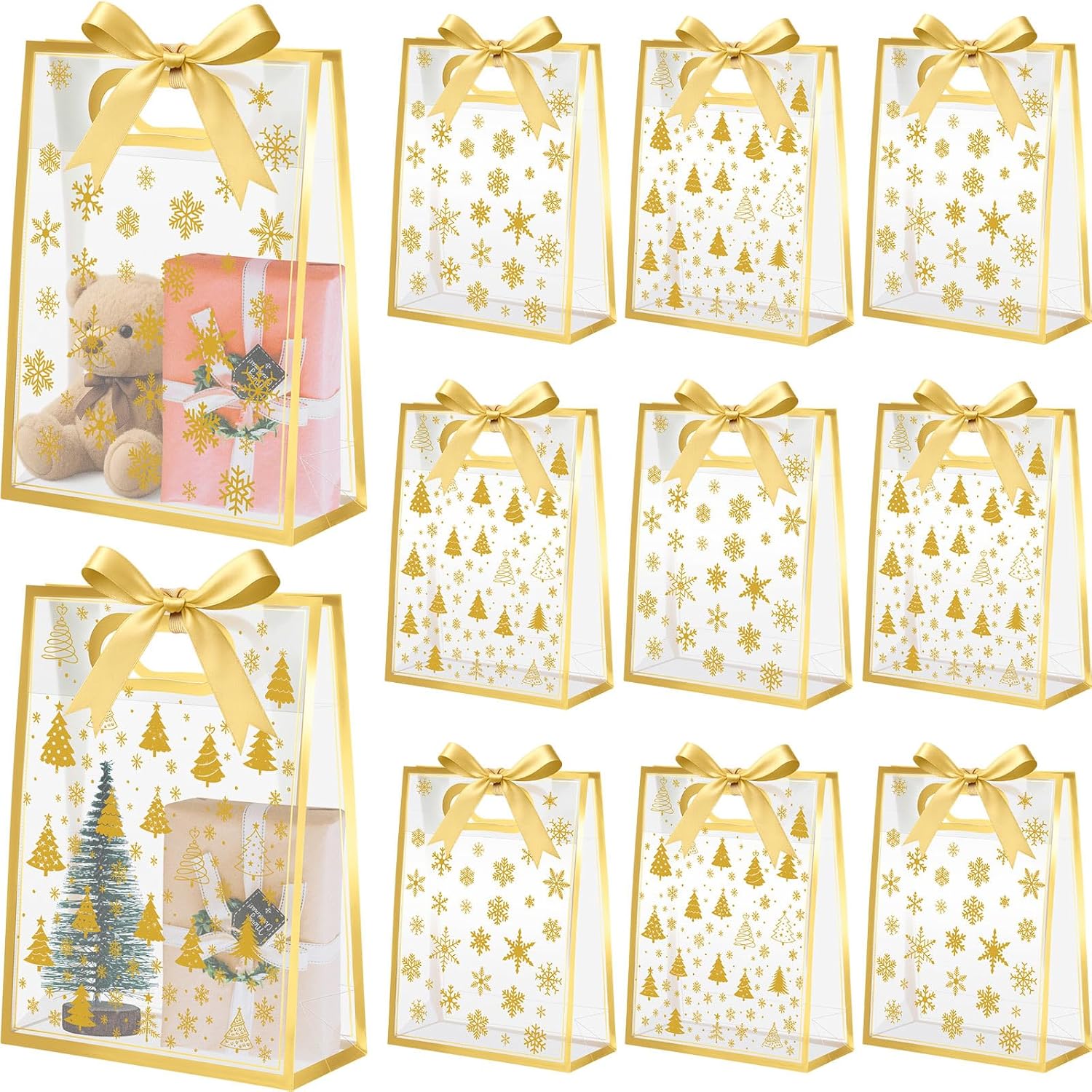 Henoyso 12 Pcs Christmas Clear Gift Bags with Bow Ribbon Plastic Gold Reusable PVC Favor Bags with Handles 7x10x3.15 for Christmas Swag Event Wedding Birthday Baby Shower Party (Santa Tree)
