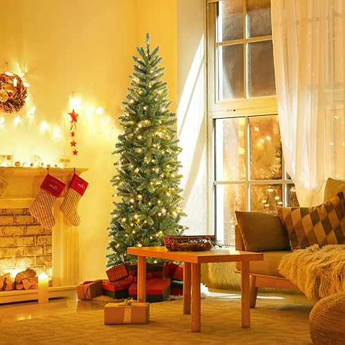 Miniatura 2 de HAPPYGRILL Árbol de Navidad artificial preiluminado de 6 pies, árbol de Navidad con bisagras con 475 puntas de rama, 250 luces LED blancas frías,
