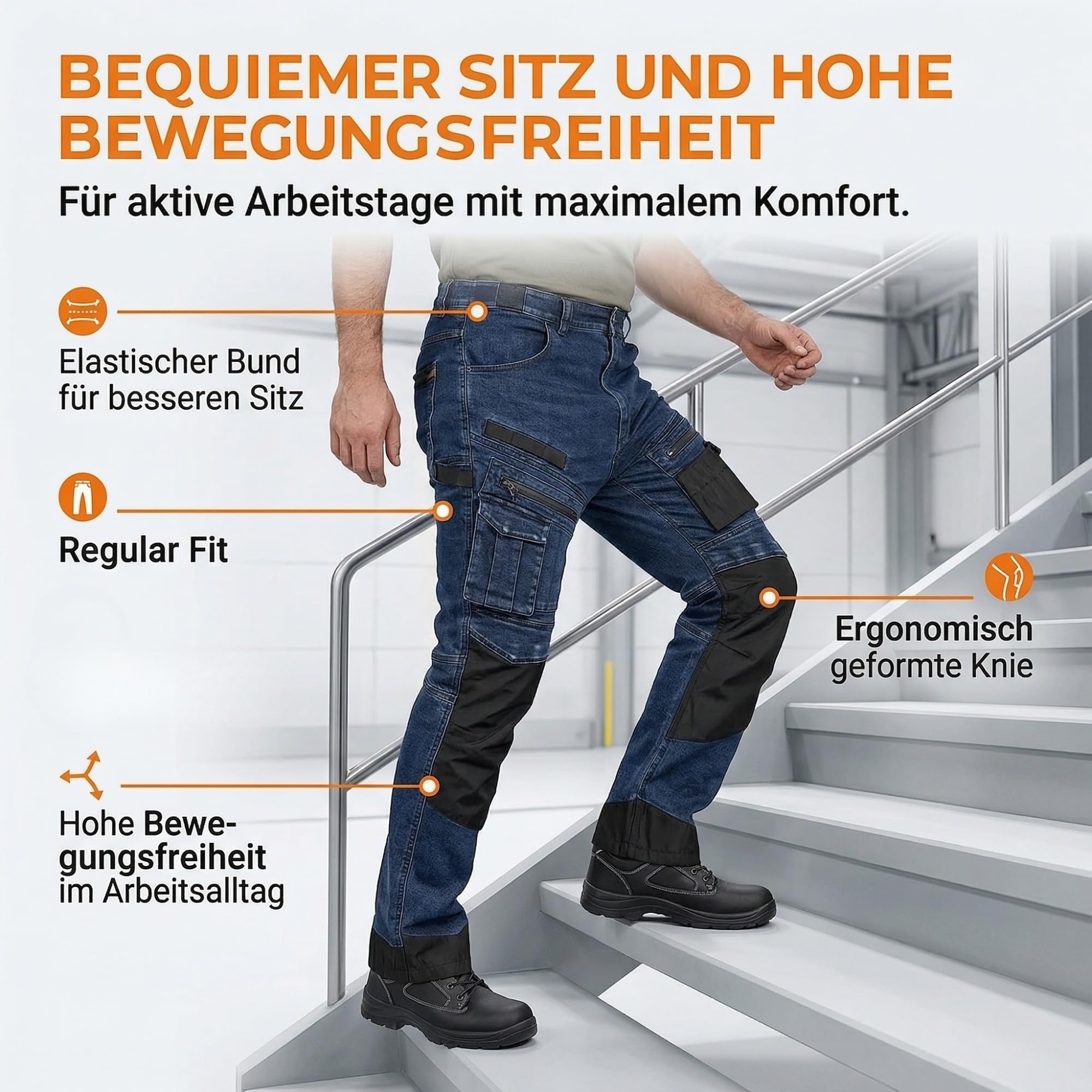 NEO TOOLS Robuste Jeans Arbeitshose, Strapazierfähige Bundhose für Herren | Aus Denim, 400 g/m² mit Kniepolstertaschen, Oxford-Verstärkungen & Stretch-Anteil