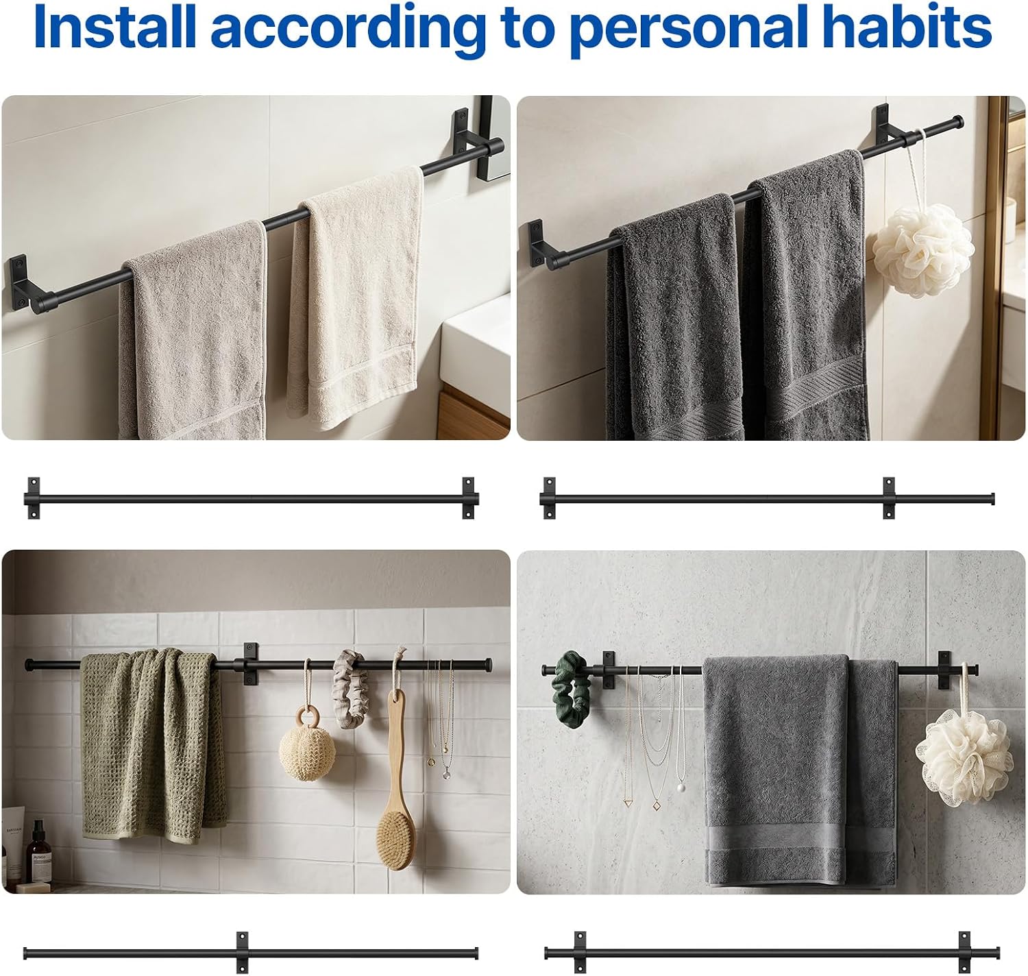 24" Adjustable Towel Bar for Bathroom Wall Mounted Towel Racks Accessory Sets | Matte Black Bathroom Towel Holder | Wall Mounted & Suction Cup Towel Rack for Bathroom & Kitchen image 2