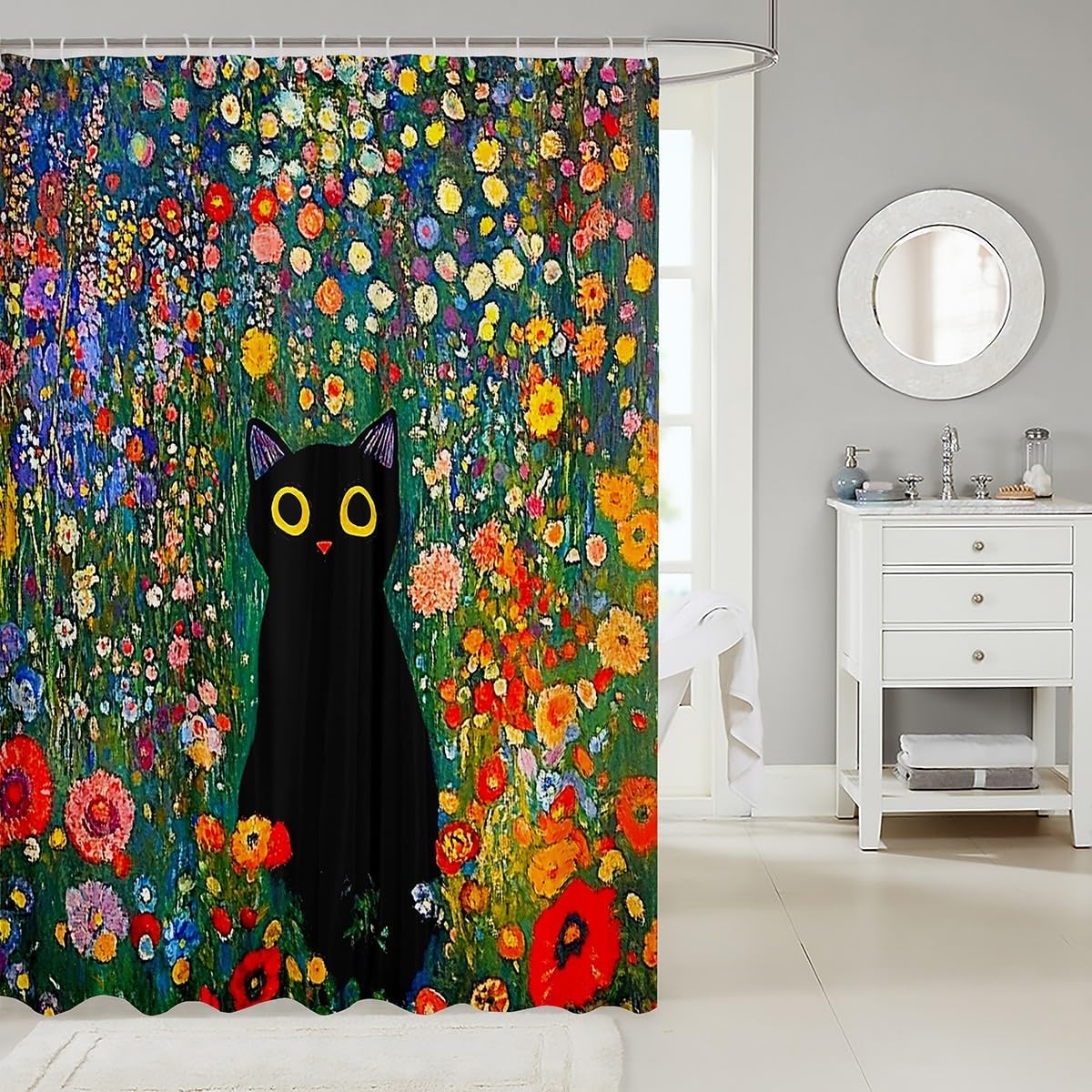jejeloiu Black Cat Fabric Shower Curtain Flower Floral Print Shower Curtain for Kids Boys Girls Oil Painting Style Bathroom Waterproof Accessories with 12 Hooks Pet Animal Curtains,72x72 Inches image 2