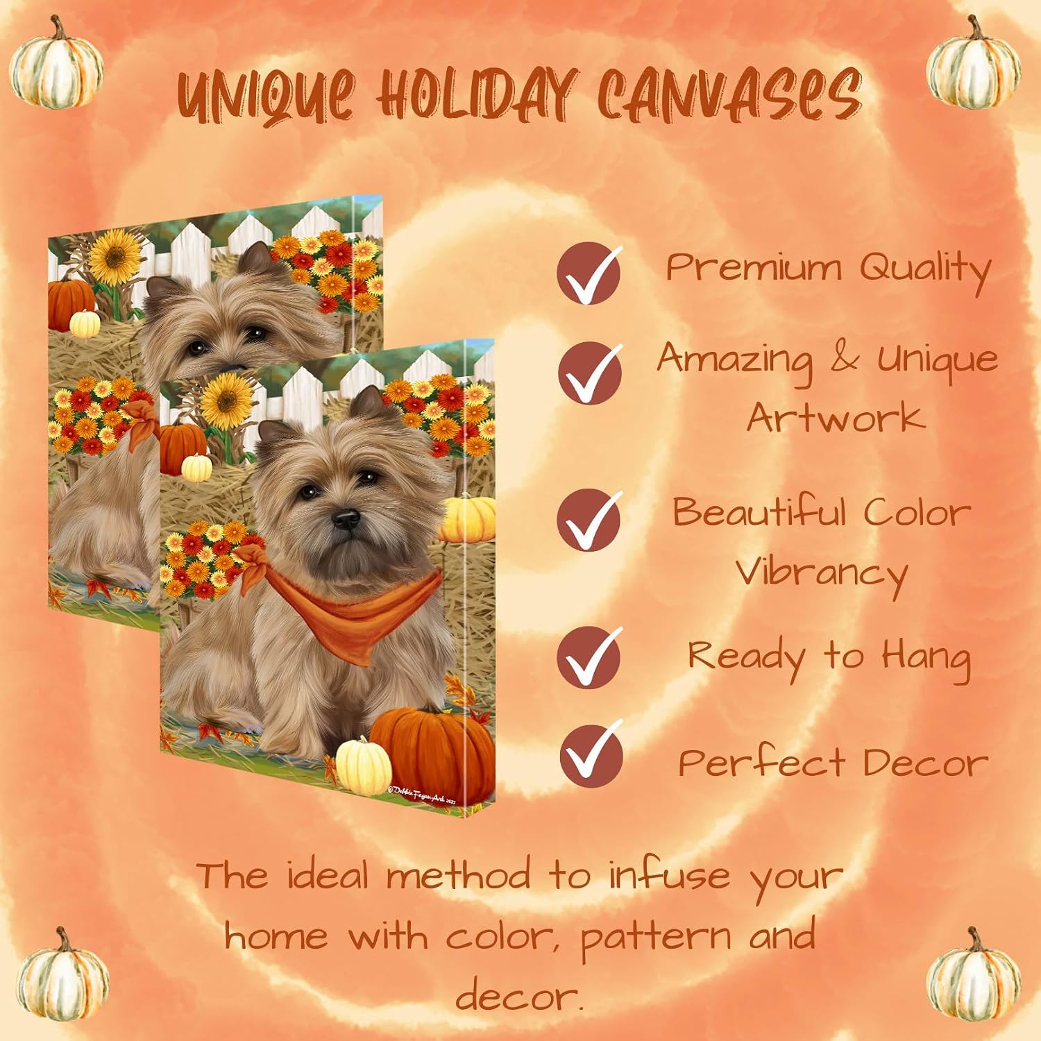 Fall Greeting with Cairn Terrier Dogs Canvas Wall Art - Premium Quality Ready to Hang Room Decor - Pecan Floating Framed 16" x 16"