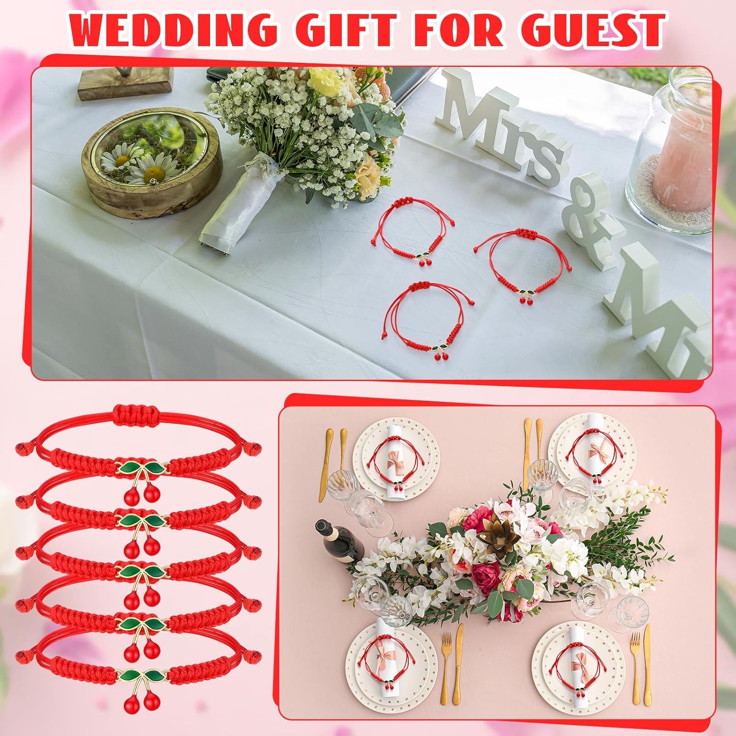 Quelay 24 Pcs Galentine's Day Cherry String Bracelets Gift Adjustable Red String Bracelet for Protection Handmade Braid Bracelet Bulk for Birthday Party Favor Cheer Dance Team Women Friendship Gift - Image 5