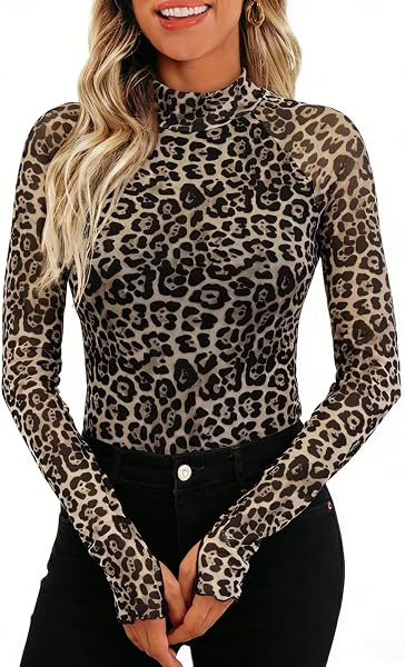 Damen Oberteil Langarm Mesh Top Halbhoher Kragen Transparent Blumenmuster Slim Fit Shirt - 1