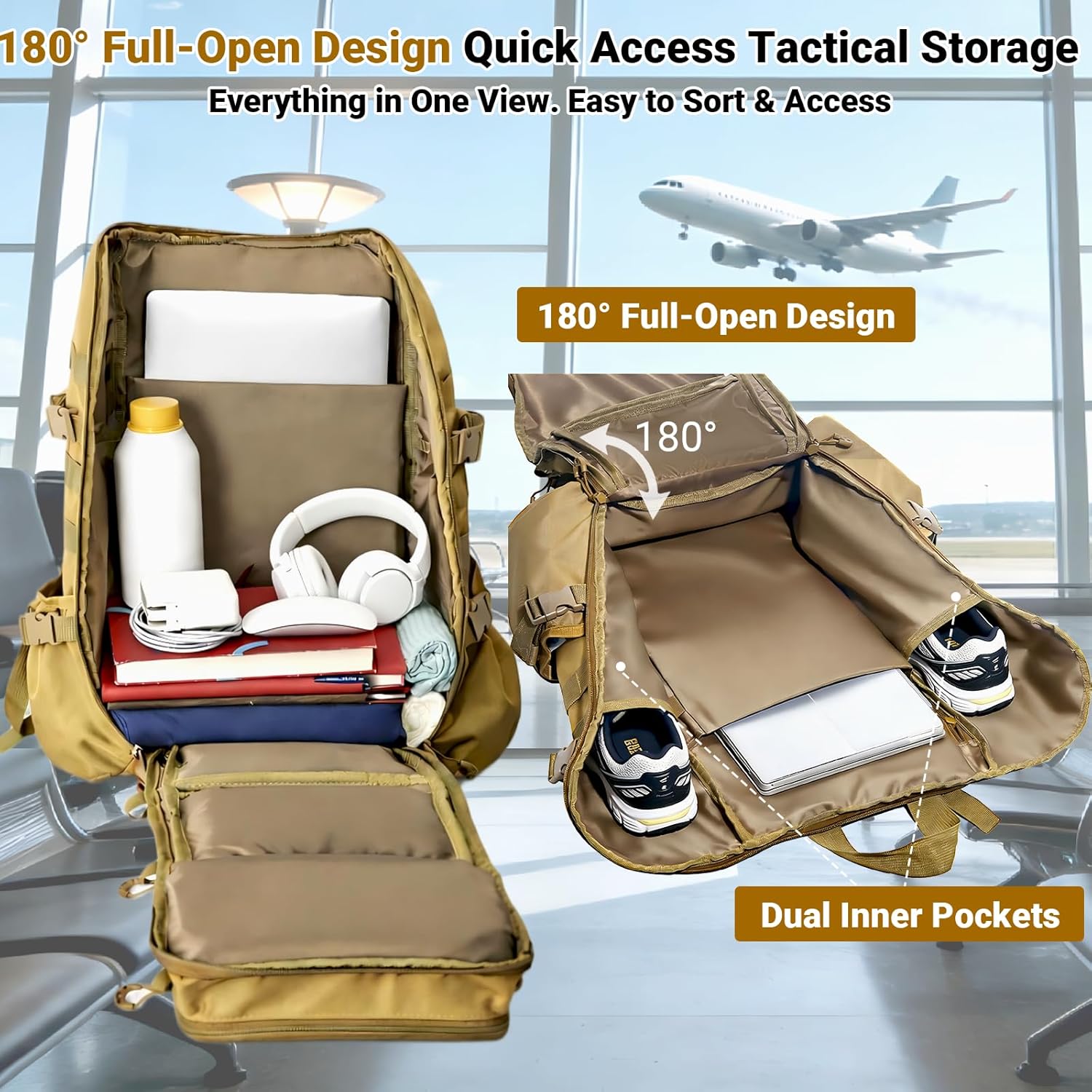 kokkoya Lightweight Tactical Backpacks with Laptop Compartment for Men 40L EDC MOLLE Military Style 17 in Computer with Cup Holder Travel Hiking Daypack (Khaki)