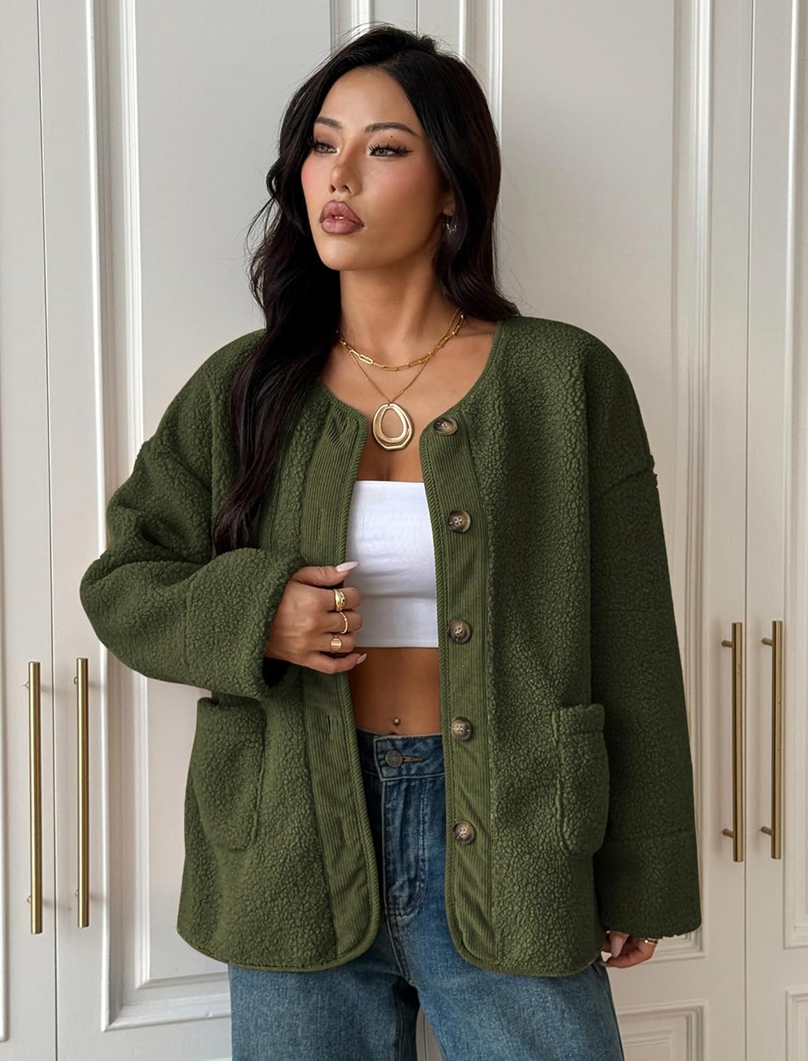 ZAFUL Women's Faux Fur Sweatshirt Long Sleeve Button Down Pockets Winter Coat Fleece Sherpa Jackets Outerwear - Image 4