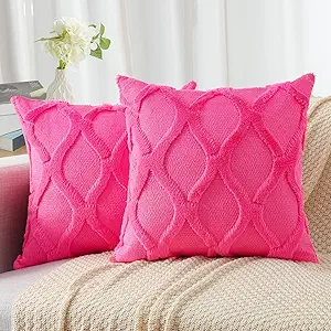decorUhome Throw Pillow Covers 16x16 Inch Set of 2, Soft Plush Faux Fur Wool Hot Pink Couch Pillow Covers, Decorative Neutral Pillow Cases for Bed Sofa Living Room Home Decor