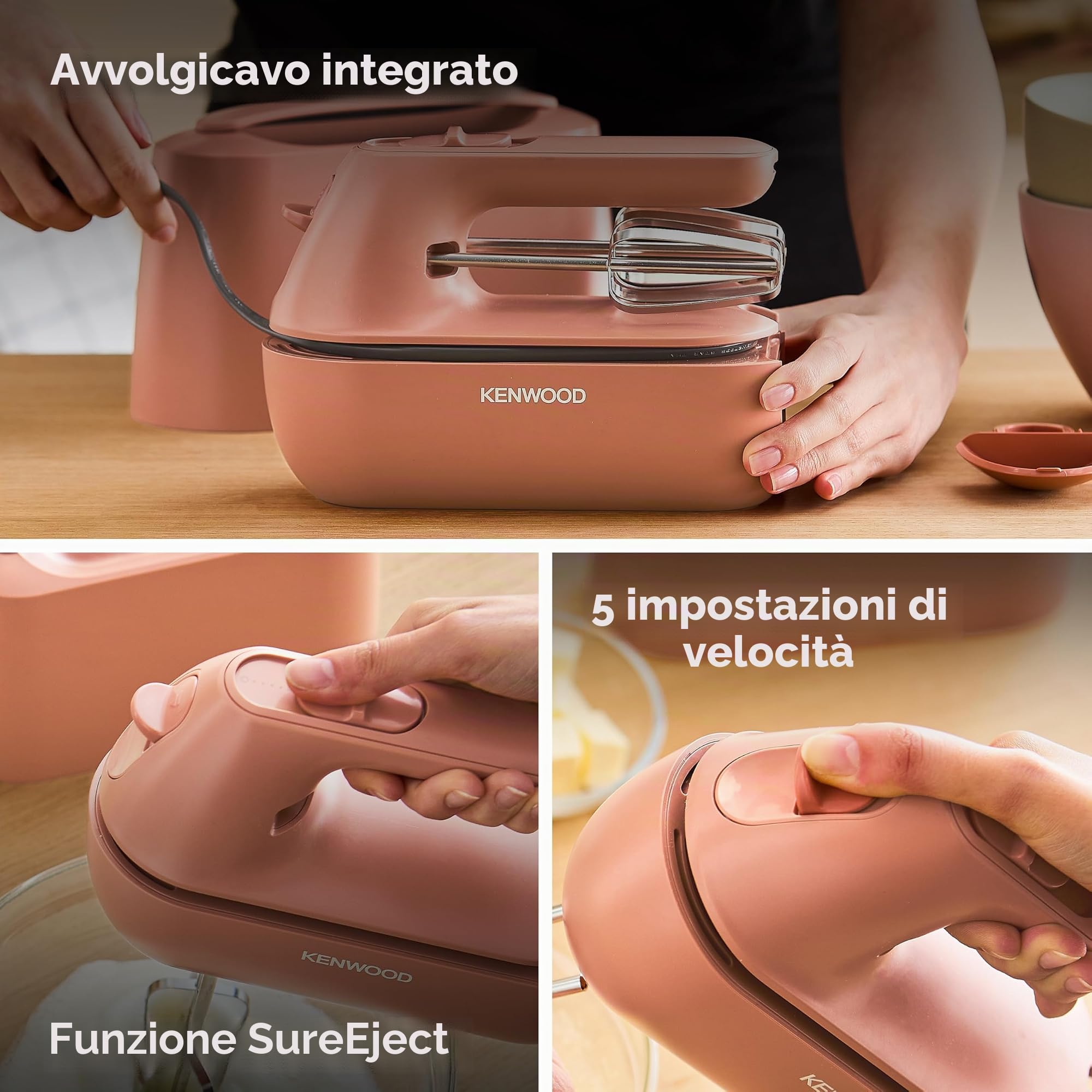 Kenwood QuickMix Go HMP40.000RD, miscelatore manuale portatile con custodia integrata per il trasporto, rilascio SureEject, frusta in acciaio inox e impastatrici inclusi, cucchiaio dosatore, 350 W