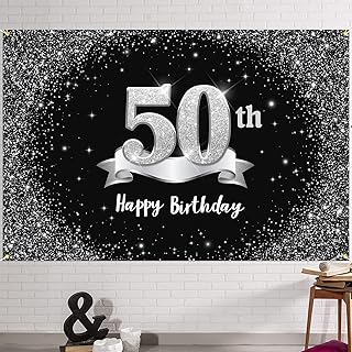 HAMIGAR 6x4ft Happy 50th Birthday Banner Backdrop - 50 Years Old Birthday Decorations Party Supplies for Women Men - Black Silver