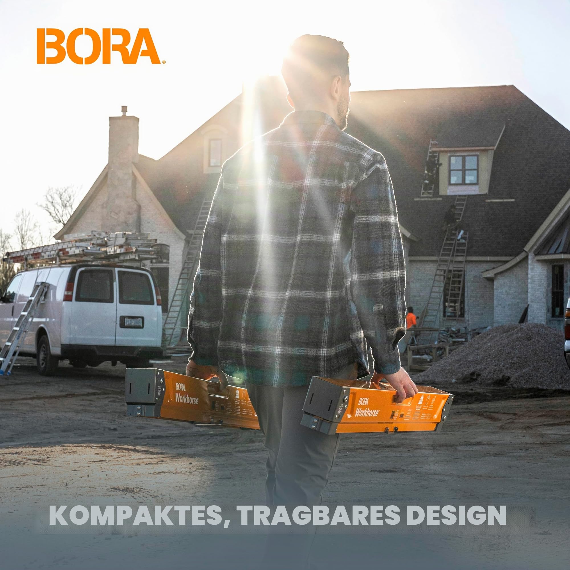 BORA Arbeitsböcke mit robustem Stahlrahmen, 500 kg Tragfähigkeit. Arbeitsbock 2er set. Unterstellblock - PM-3330T, Orange/Abendrot im Zickzackmuster (Sunset Chevron) | Sägebock 2er Set mit 2x4 Halterung & Stahlrahmen – klappbar, tragbar, für Werkbank & Ba