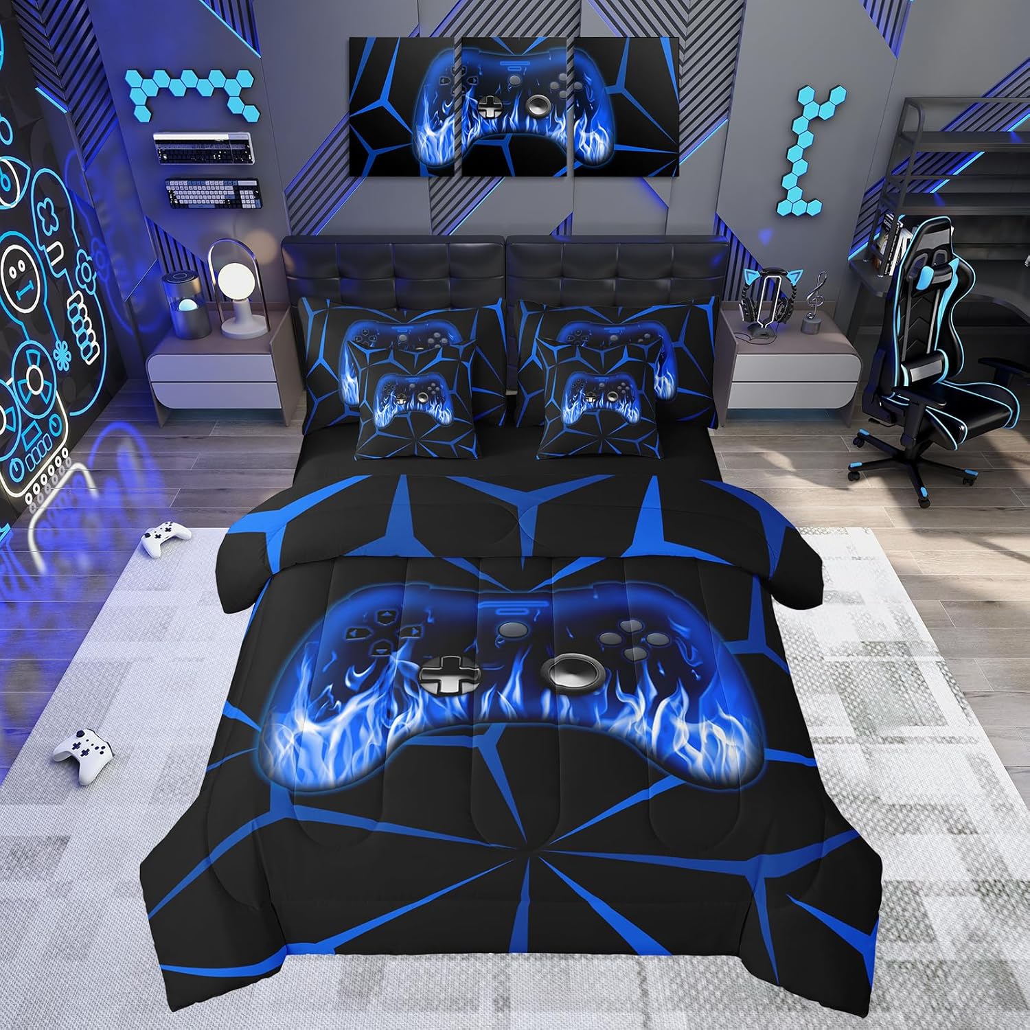 Feelyou Kids Gamer Comforter Set with Sheets,Gaming 7 Piece Bedding Set Queen Size for Boys Girls,3D Geometric Video Game Console Bed in a Bag,Blue and Black Game Contoller Bed Set