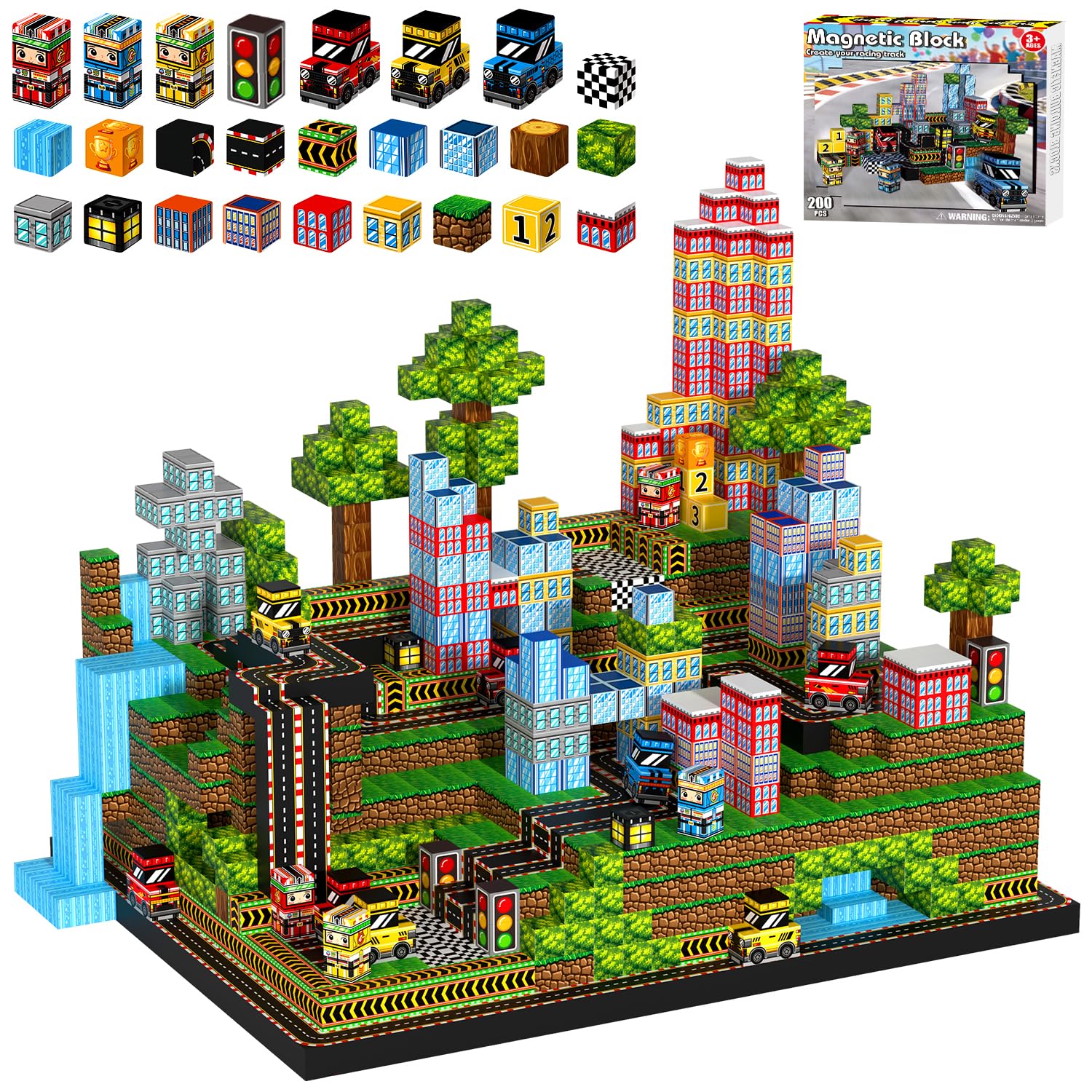 Kryzomat Magnetic Blocks 200 PCS, Magnetic Building Blocks for Age 3+, Racing Adventure Magnet Blocks STEM Toys for Kids, Boys & Girls