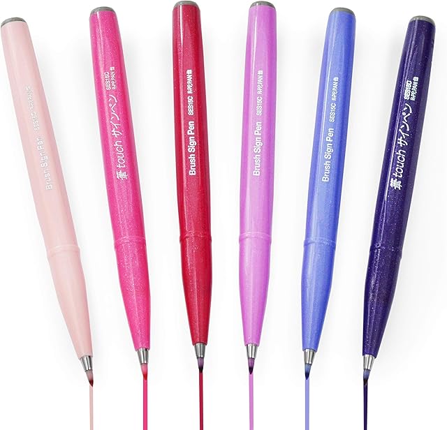 Pentel Brush Sign Pen SES15C - Brush Nib - Fibre Tip - Blossom Tones - Set of 6