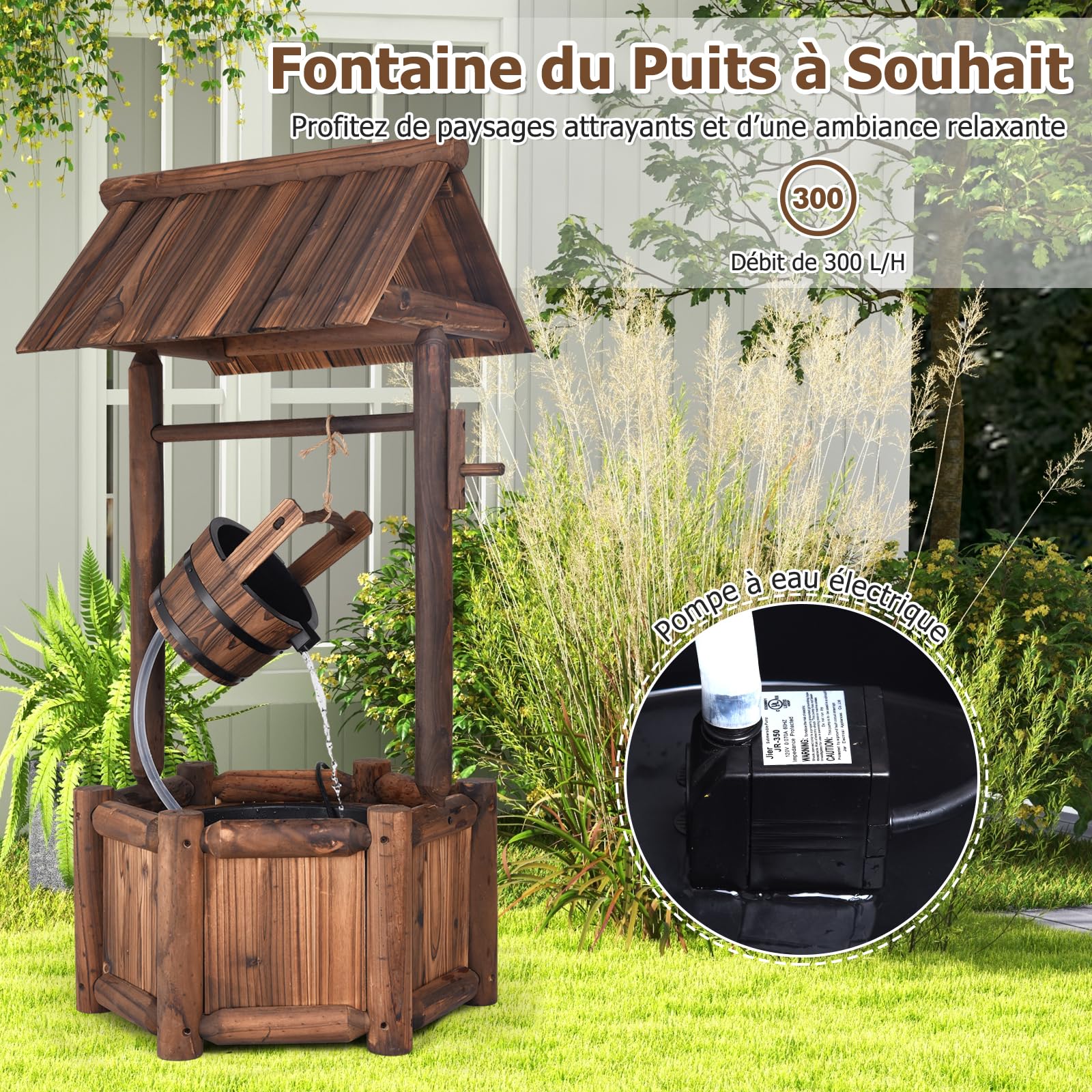 RELAX4LIFE Puits de Jardin en Bois de Sapin, Fontaine de Patio Décorative avec Pompe à Eau Électrique, Fontaine d'Ornement avec Surface Carbonisée et Design de Pavillon, 60X57X116CM