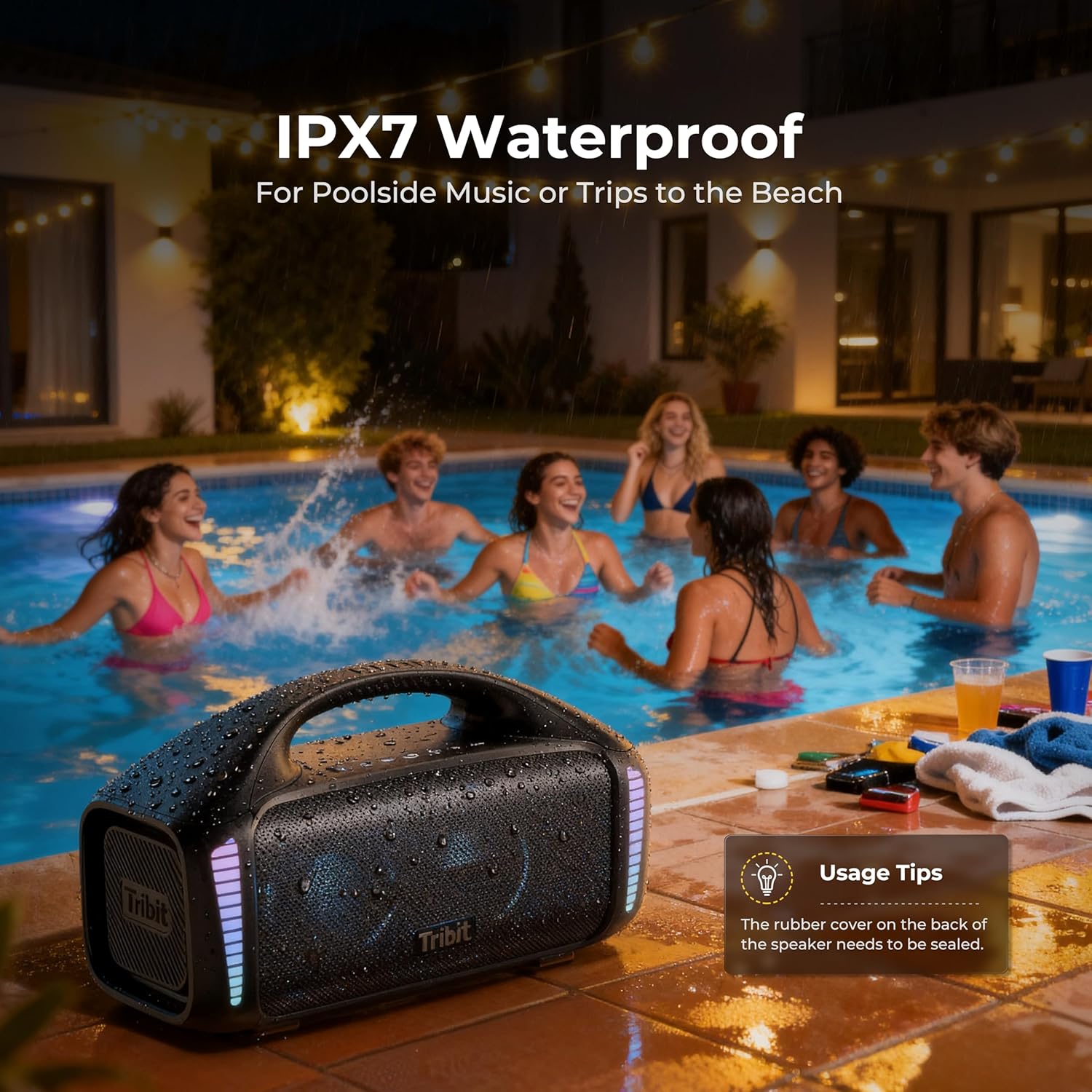 Tribit StormBox Blast Portable Bluetooth Speaker, (140W Peak) 90W Loud Stereo Sound with 30H Playtime, IPX7 Waterproof, LED Light, Wireless, XBass, BT5.3, TWS, Custom EQ, Party/Outdoor/Camping/Beach - Image 7