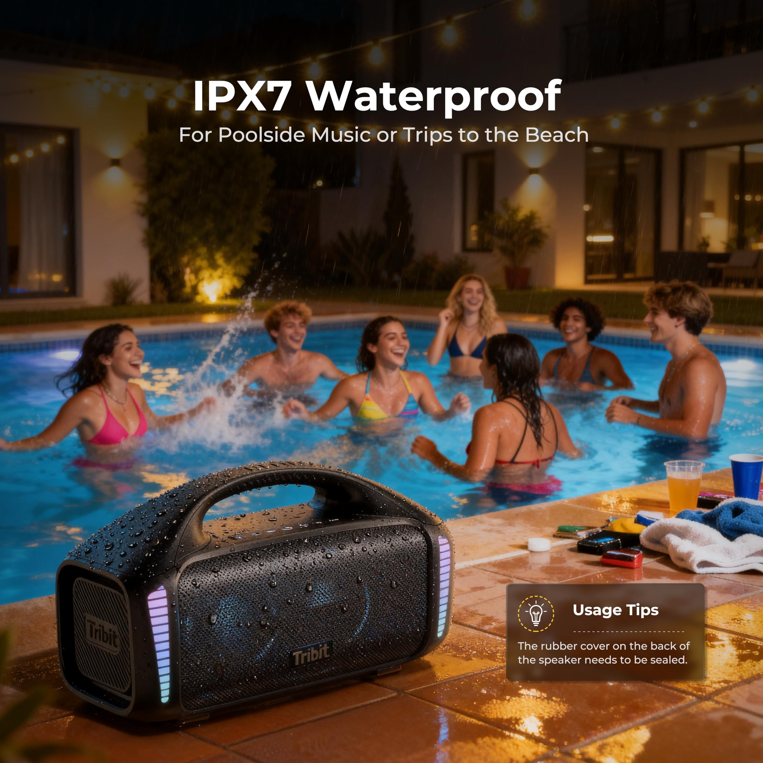 Tribit StormBox Blast Enceinte Bluetooth Puissante, 90 W | XBass, 30 h d'autonomie, IPX7 étanche, Bluetooth 5.3, EQ personnalisé, lumières LED, appairage TWS, camping, plein air, plage