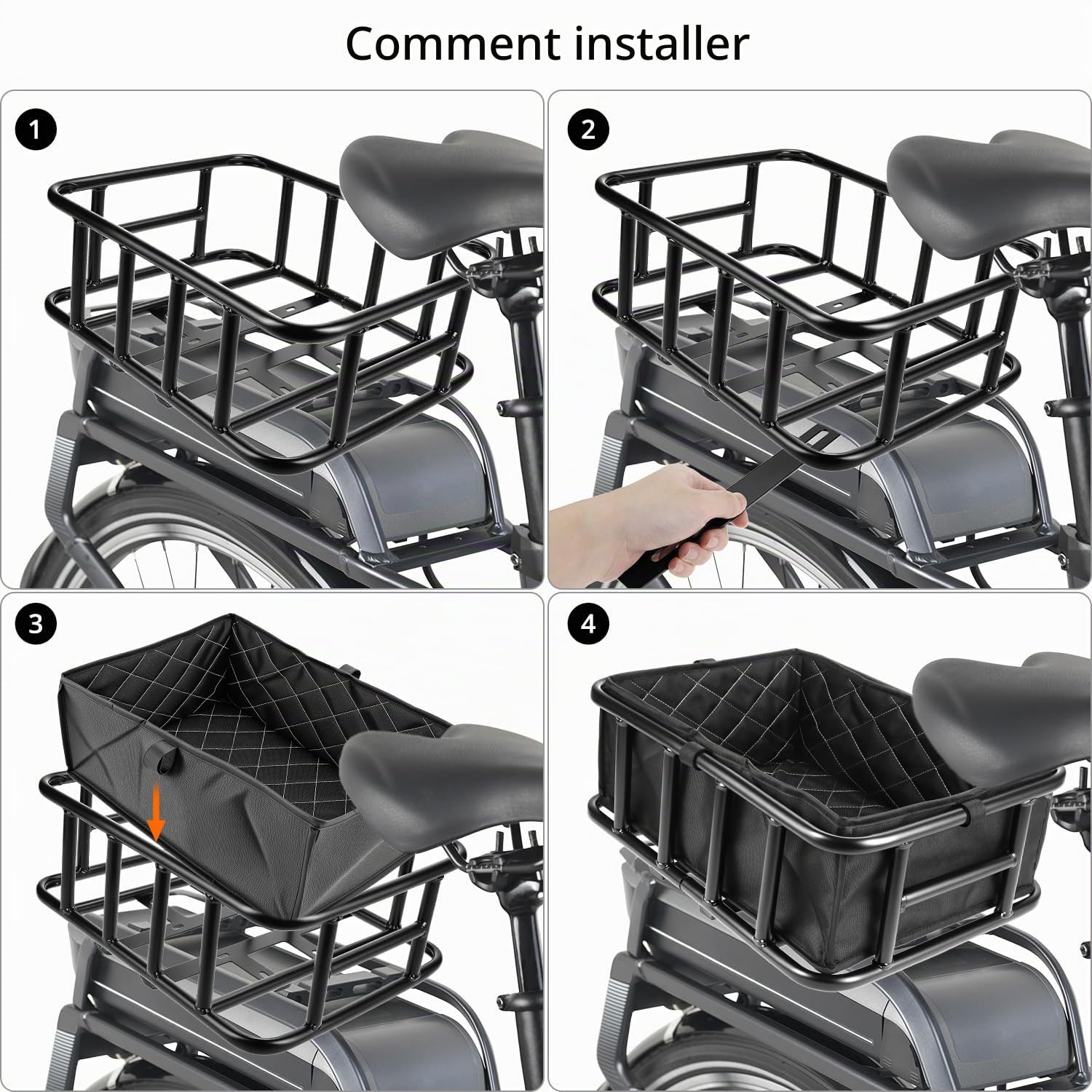 QWORK® Panier à vélo arrière, Grand Panier Velo métal avec Filet de Cargaison et Doublure, pour la Plupart des vélos et e-Bikes