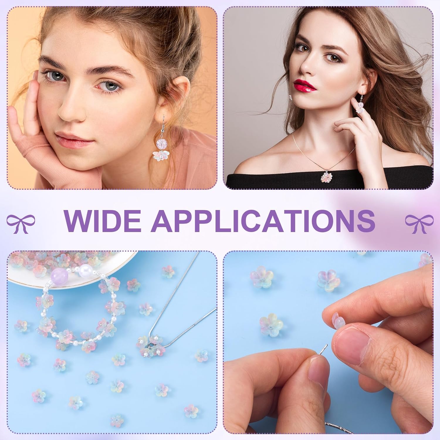 100pcs Plum Blossom Beads, 5-Petal Gradient Acrylic Flower Beads, Mini Spacer Hair Accessories Halloween Christmas for Bracelets Earring Jewelry Making- Pink Blue - Image 5