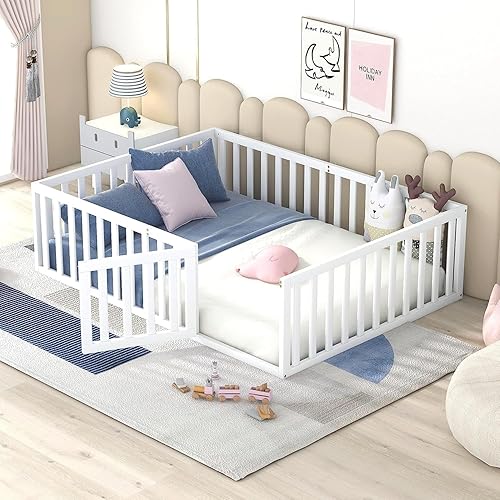 Miniatura 27 de Harper & Bright Designs Cama de suelo tamaño Queen con barandillas de seguridad y puerta, marco de madera para niñas/niños, cama Montessori para