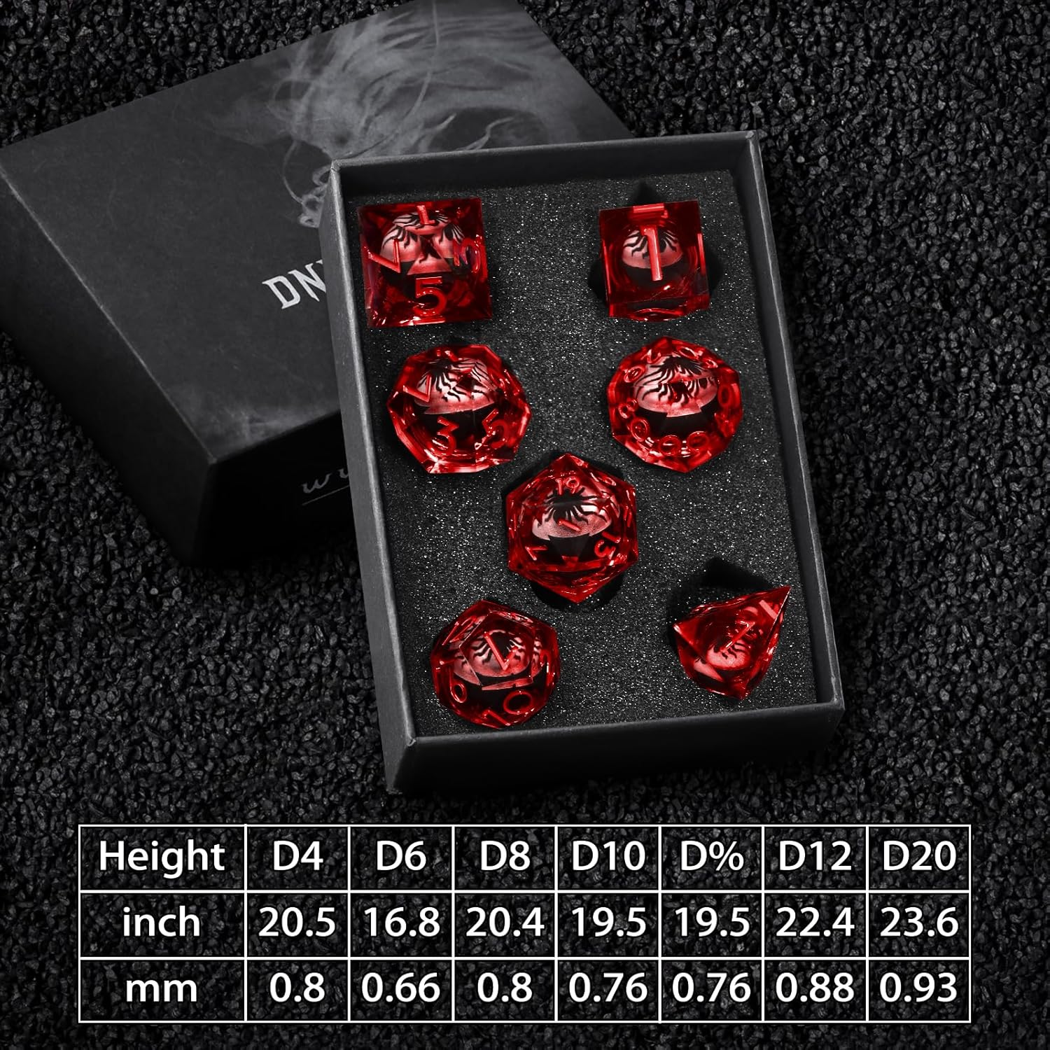 FONVGOGO Liquid Core DND Dice Set, 7PCS Sharp Edge Resin D and Dice with Cardboard Box, Unique Cool Spider Polyhedral Dice for Dungeons and Dragons, Tabletop RPGs TTRPG Gifts (Red)
