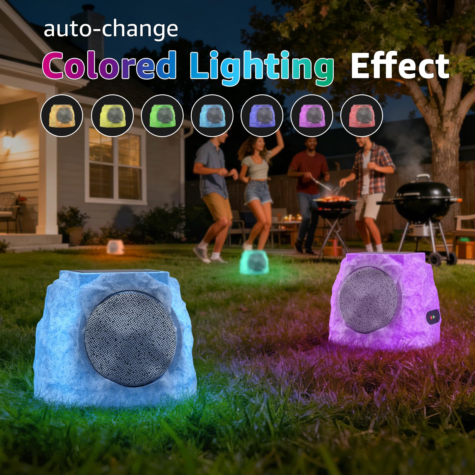 MIKK Outdoor Rock Speakers Waterproof Patio with Lights Color,Multi-Sync Up to 100 Speakers Pairing Solar Powered Rock Speaker Rechargeable for Pool Party Yard Garden Outside 2 Pack - 4