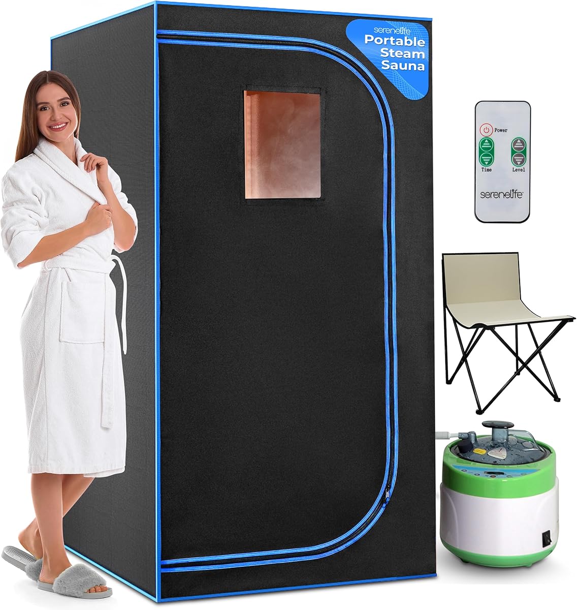 SereneLife Portable Steam Sauna for Home, Compact Sauna Tent with 4L Steamer, Folding Sauna Chair, Personal Rejuvenation Spa, 9 Heat Levels, Remote Control, Spacious in-Home Steam Sauna, 71" x 35"