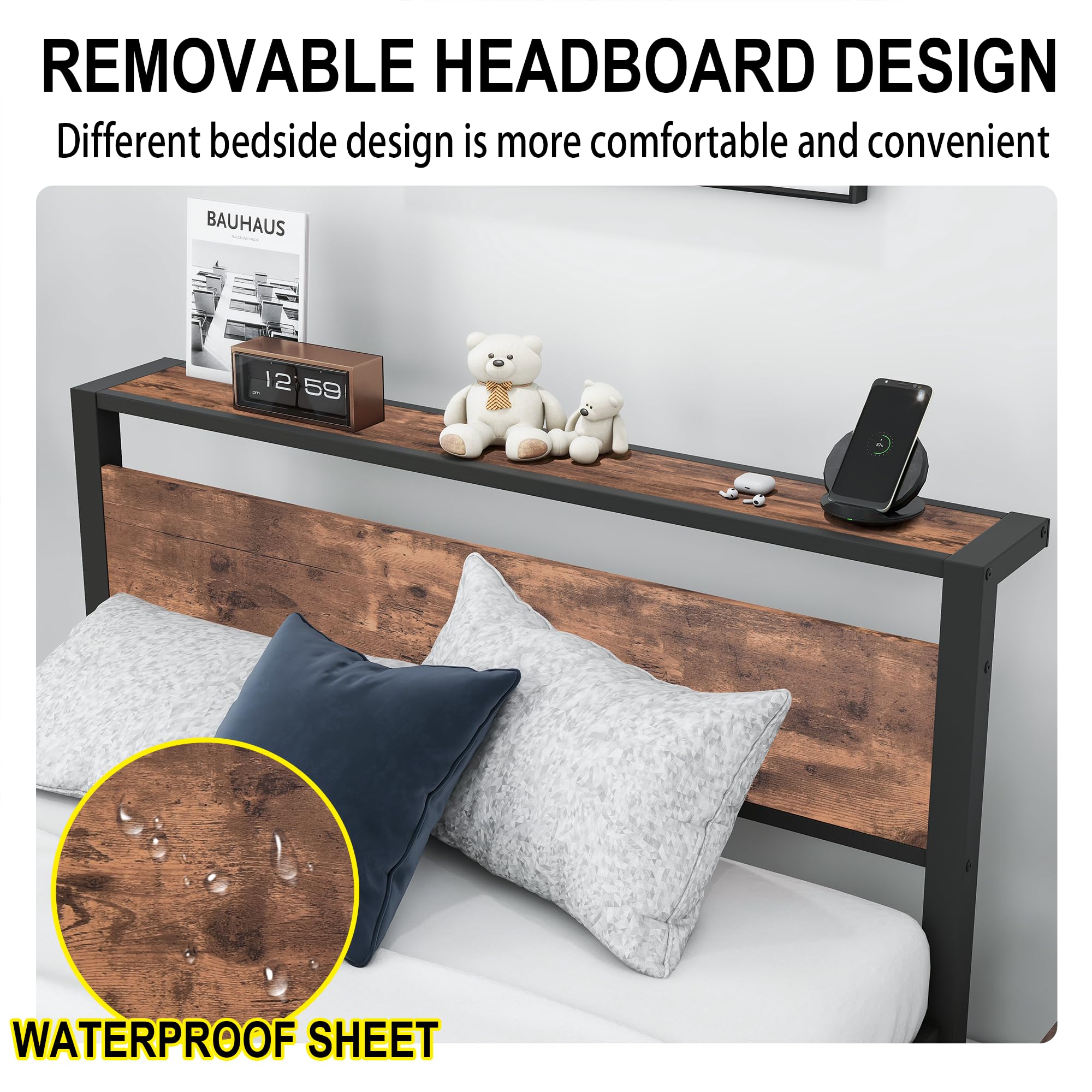 Metallbett Bettrahmen mit Holz Lagerung Kopfteil, Bettgestelle mit Lattenrost für Schlafzimmer Gästezimmer, Einfache Montage, Rauschfrei, 120 x 200 cm
