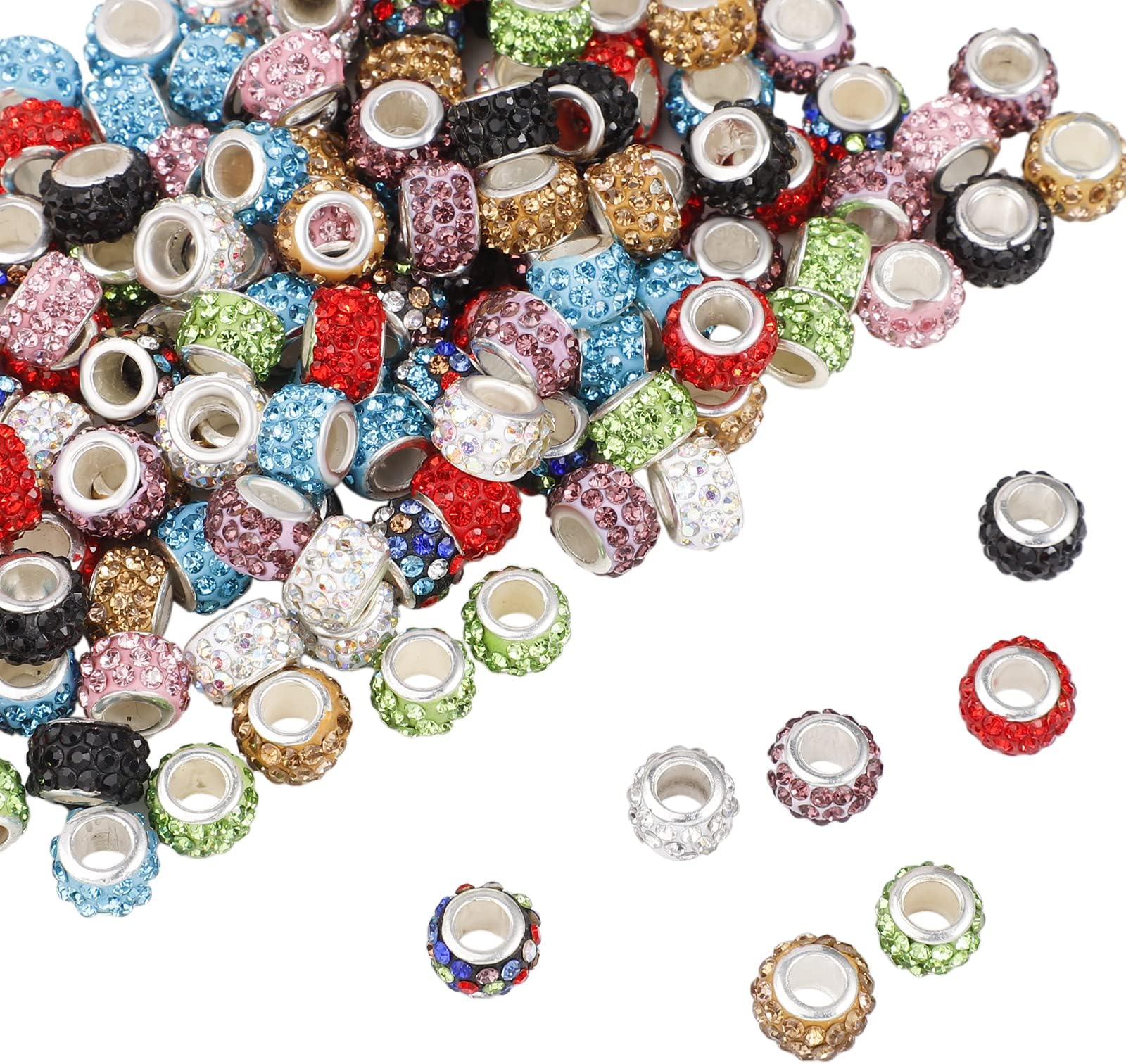 200 PCS European Large Hole Beads Rhinestone Colorful European Beads Crystal Large Hole Craft Beads for DIY Charms Bracelet Jewelry Making