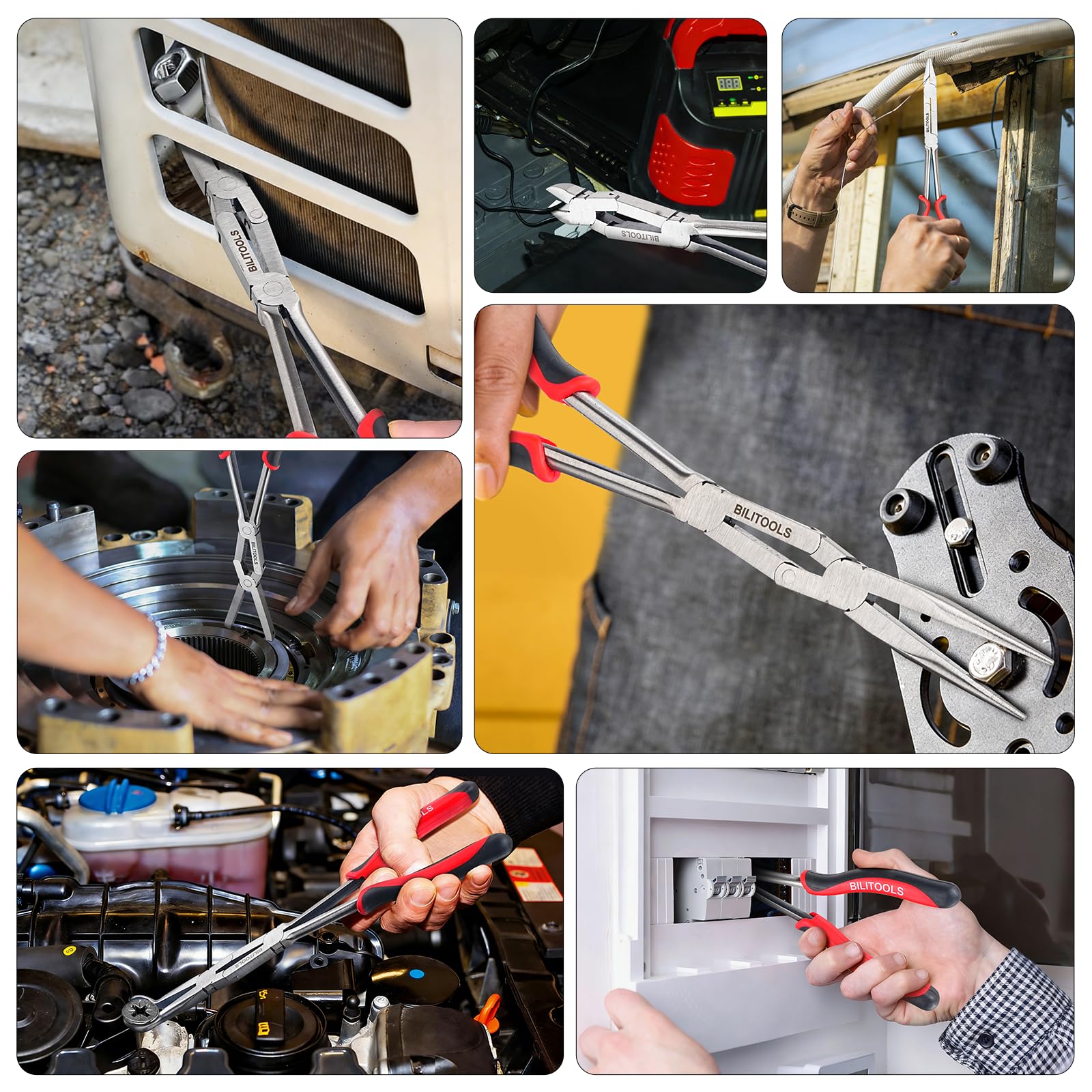 BILITOOLS Pinza extra lunga per anelli di sicurezza esterni da 33 cm, doppio snodo, ampia apertura a ganasce, per spazi ristretti e auto.