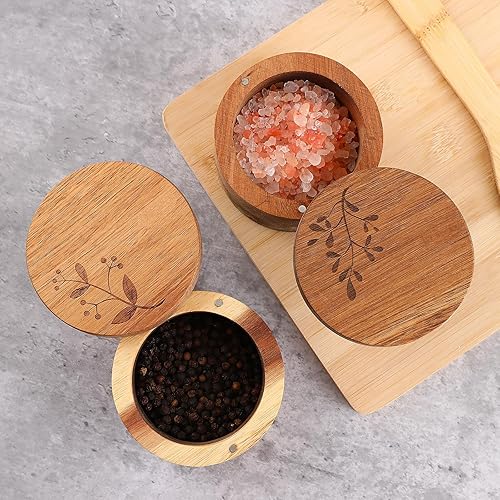 Miniatura 9 de DGYLL Sal, bodega de sal de madera de acacia con tapa y cuchara, caja de sal con tapa giratoria, recipiente de sal con tapa, 6 onzas