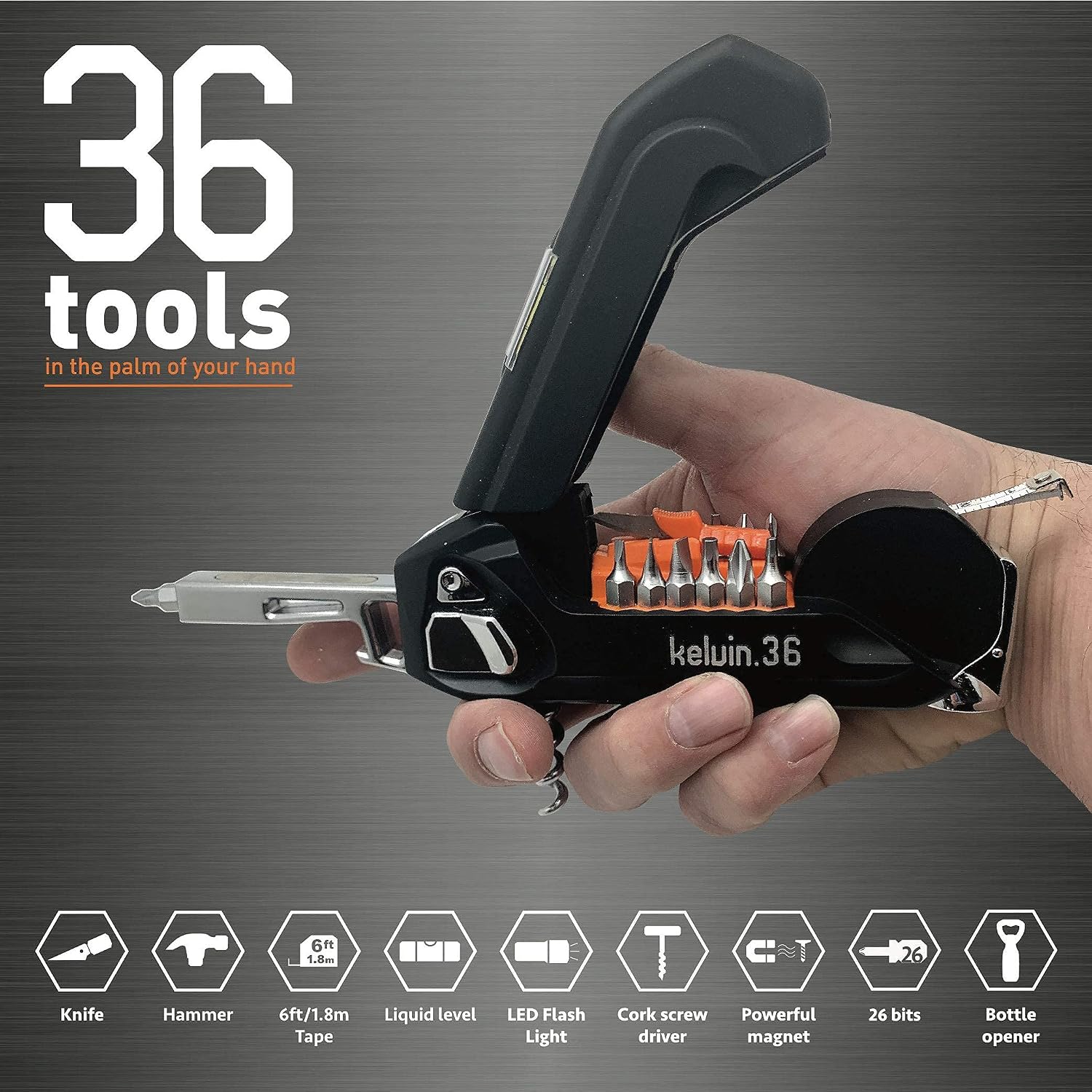 Get Special Price Kelvin Tools K-36 Multi-Tool Set, 36 Integrated Tools, 26 Bit Screwdriver Set, Tape Measure, Corkscrew (Black) Product Deal Kelvin Tools K-36 Multi-Tool Set, 36 Integrated Tools, 26 Bit Screwdriver Set, Tape Measure, Corkscrew (Black)
