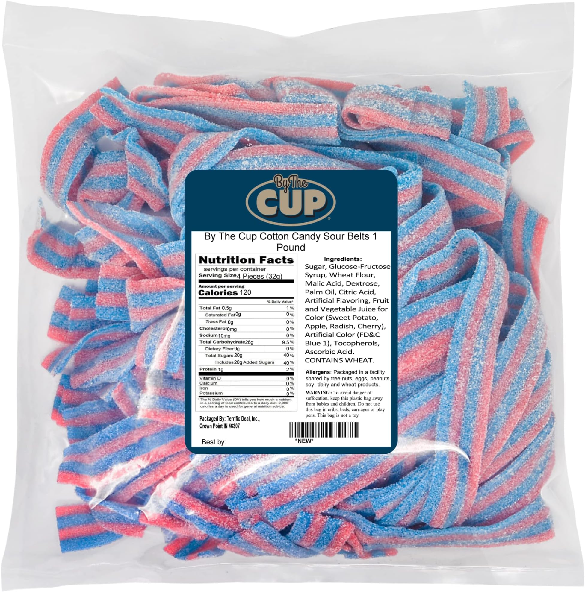 By The Cup Cotton Candy Sour Belts, 1 lb Bulk Bag