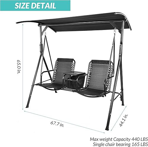 Miniatura 6 de Elevon Silla de columpio para patio al aire libre de 2 asientos, toldo para exteriores con mesa de almacenamiento giratoria, soporte para tazas,