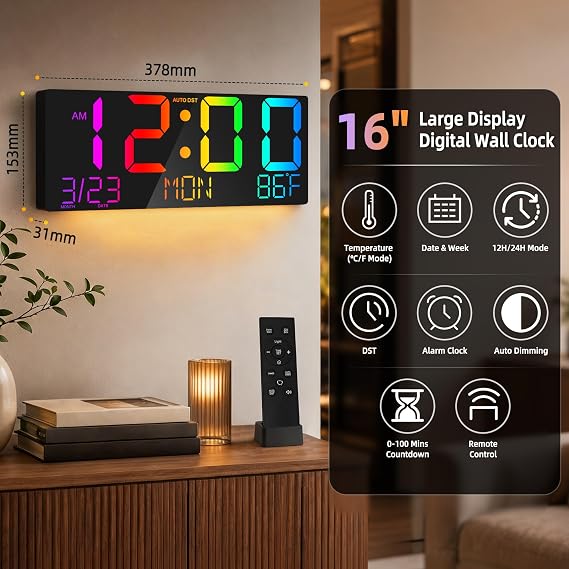 16 Large Digital Wall Clock LED Display, Night Light, Remote, Auto DST