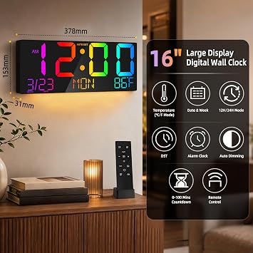 16 Large Digital Wall Clock LED Display, Night Light, Remote, Auto DST