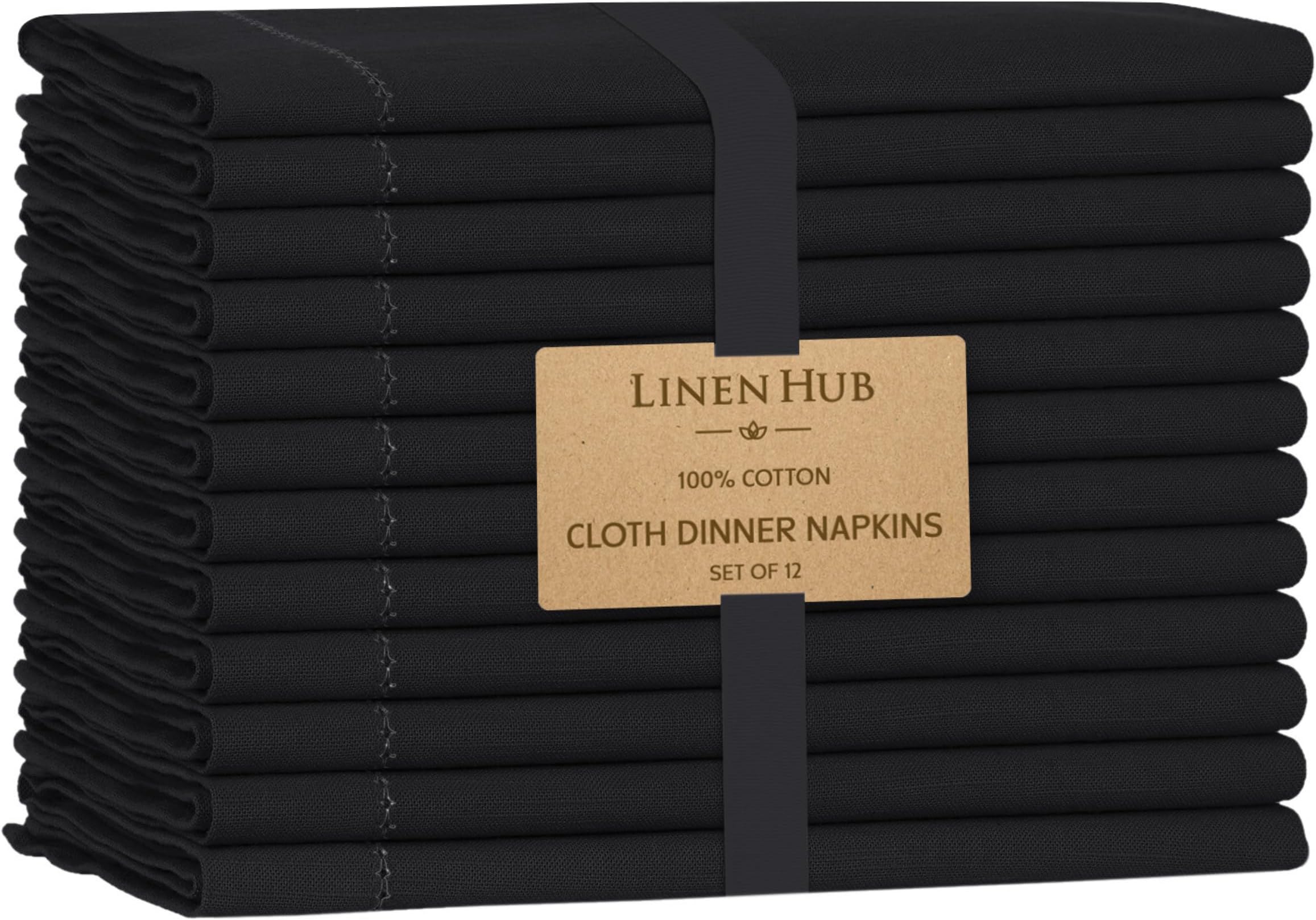 Linen Hub Hemstitch Cloth Dinner Napkins Set of 12-100% Cotton Soft Absorbent Restaurant Hotel Quality Napkins - Perfect for Farmhouse Wedding Party Christmas Easter - 18x18 - Black